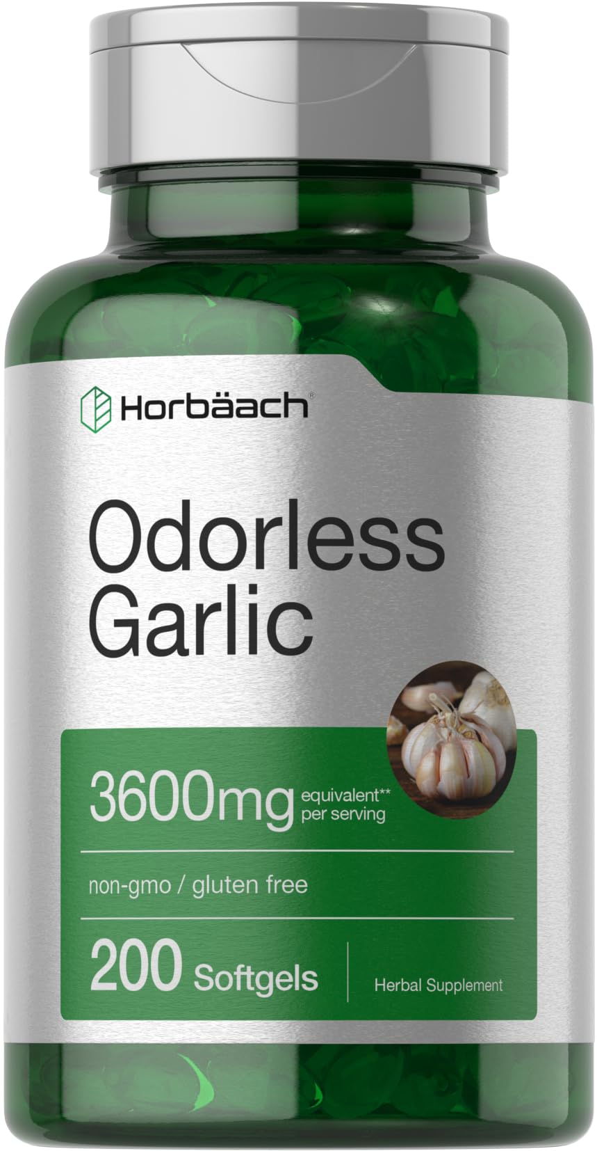 Horbaach Odorless Garlic Softgels 3600 mg | 200 Count | Ultra Potent Garlic Extract | Non-GMO & Gluten Free Supplement