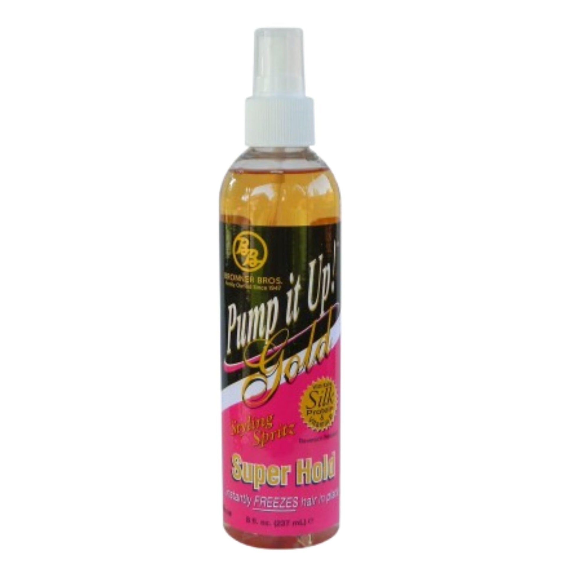 Bronner Bros Pump It Up Styling Spritz Gold 80% – Fast-Dry Hair Spray Extra Hold with Vitamin B5 & Silk Protein - Maximum Hold Finishing Spritz Hairspray, Adds Shine, Nourishes, No Build-up - 8oz