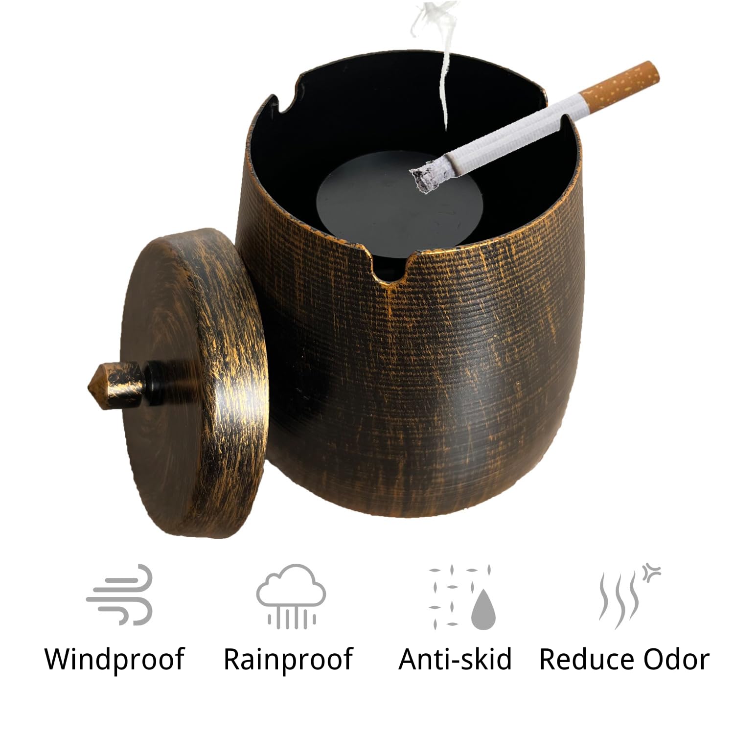 WUSIFIE Ash Tray, Large Outdoor Ashtray with Lid, Ashtray for Outside Patio, Stainless Steel Windproof Smokeless Ash Tray for Balcony, Ashtrays for Smokers, Cigar, Home Office Decoration