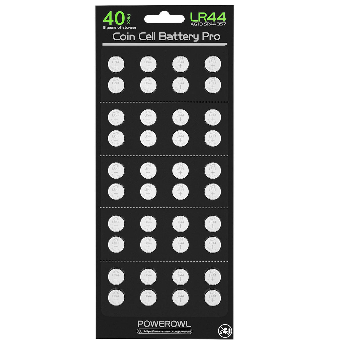 بطاريات POWEROWL LR44 عالية السعة 40 حزمة، بطاريات قلوية ممتازة L1154F AG13 357 303 SR44 A76 1.5 فولت على شكل زر عملة