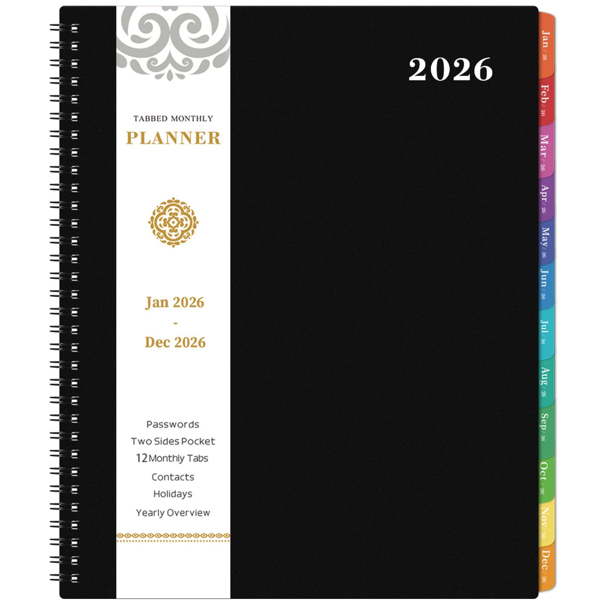 2026 Monatsplaner - JAN 2026 - DEZ 2026 Planer/Kalender, 12 Monatsplaner mit Kontakten & Passwörtern, 8,5" x 11" Planer 2026, farbige Register, dickes Papier, Schwarz