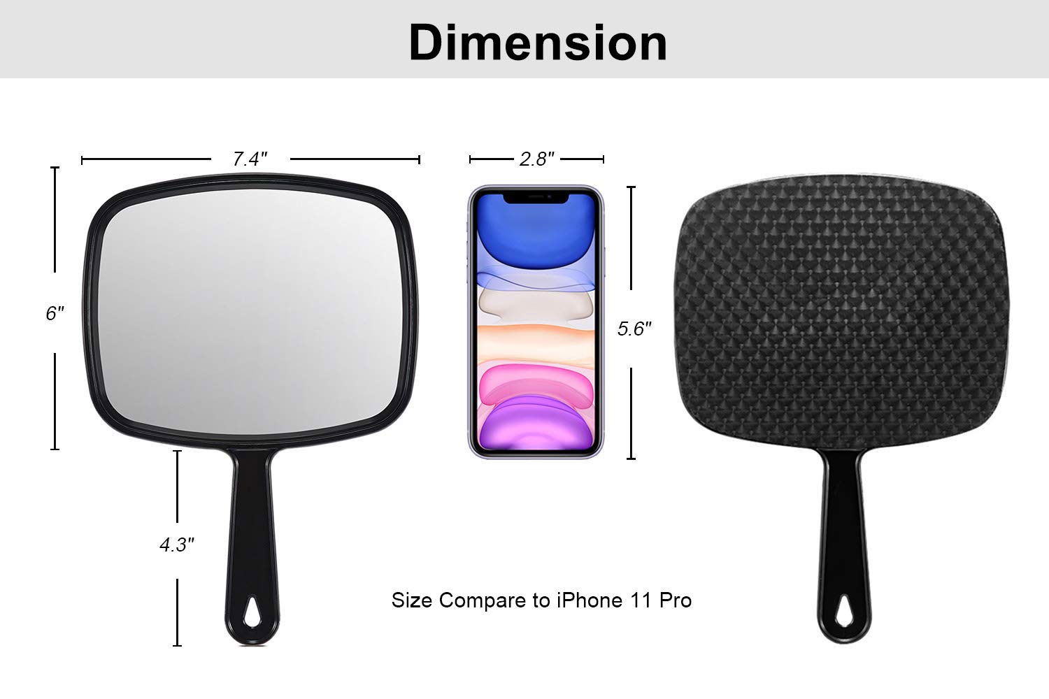 PROTECLE Hand Mirror, 10.3" L x 7.4" W Salon Barber Hairdressing Handheld Mirror with Handle, Square Black