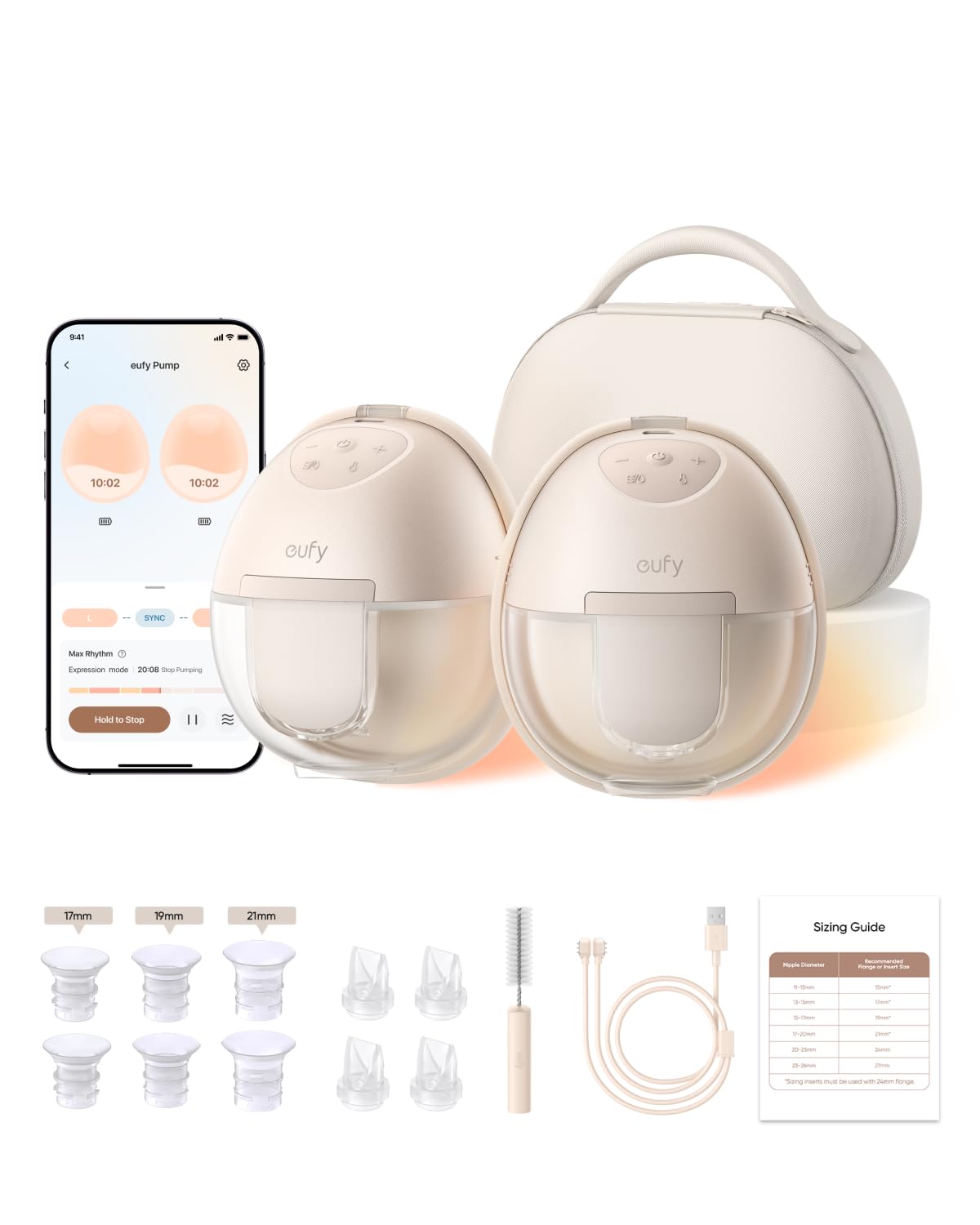 مضخة الثدي القابلة للارتداء والمدفأة S1 Pro من eufy Security، رفيعة وتعمل بدون استخدام اليدين بتقنية HeatFlow الرائدة في الصناعة، مع علبة شحن لاسلكية، وتطبيق OptiRhythm للتحكم، وشفط من الدرجة الطبية، للاستخدام داخل حمالة الصدر