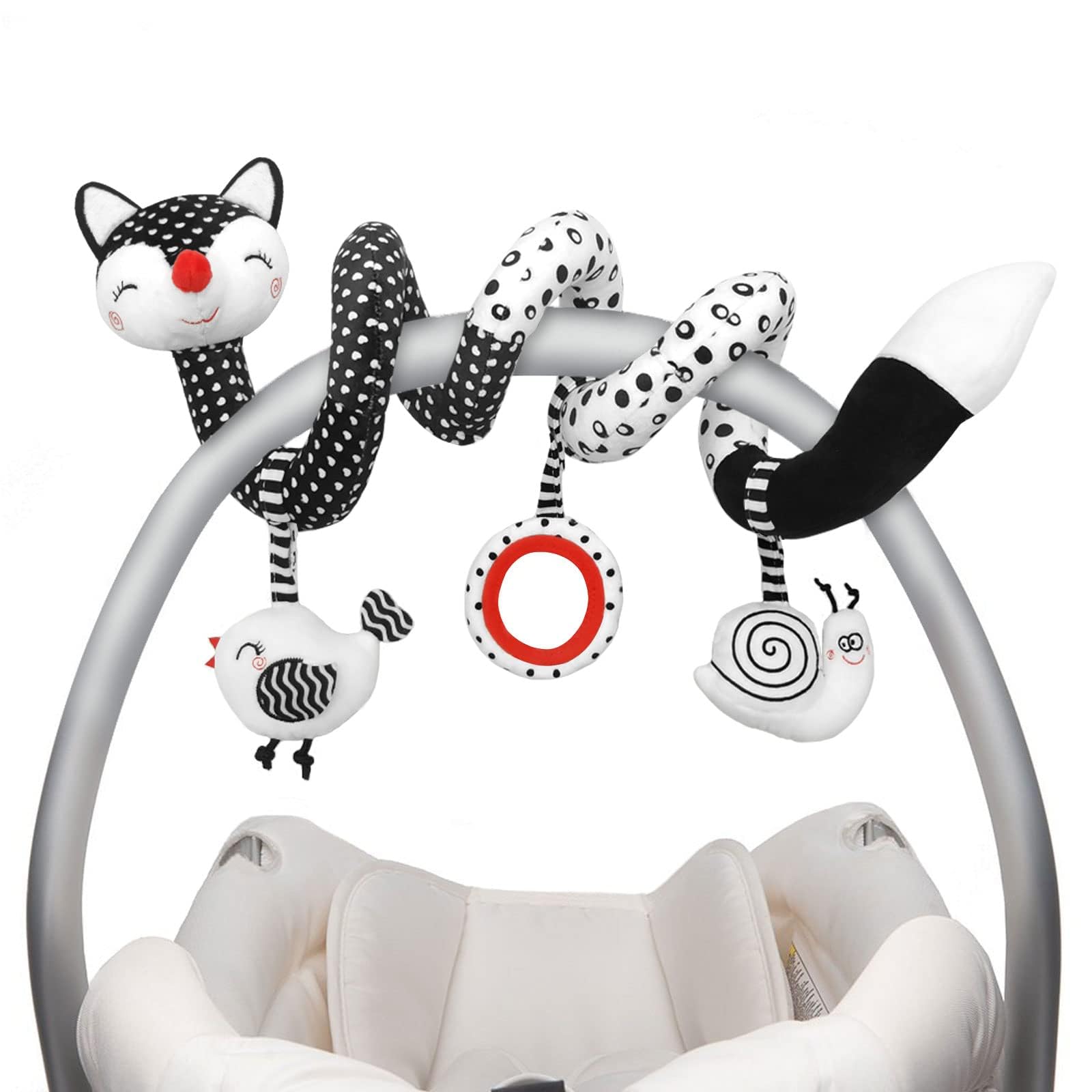 XIXILAND Baby Spiral Plush Toys, Black and White Baby Car Seat Toys, High Contrast Infant Newborn Toy 0-6 Months for Stroller Crib Mobile, Sensory Toy Best Gift for 0 3 6 9 12 Months Boys Girls