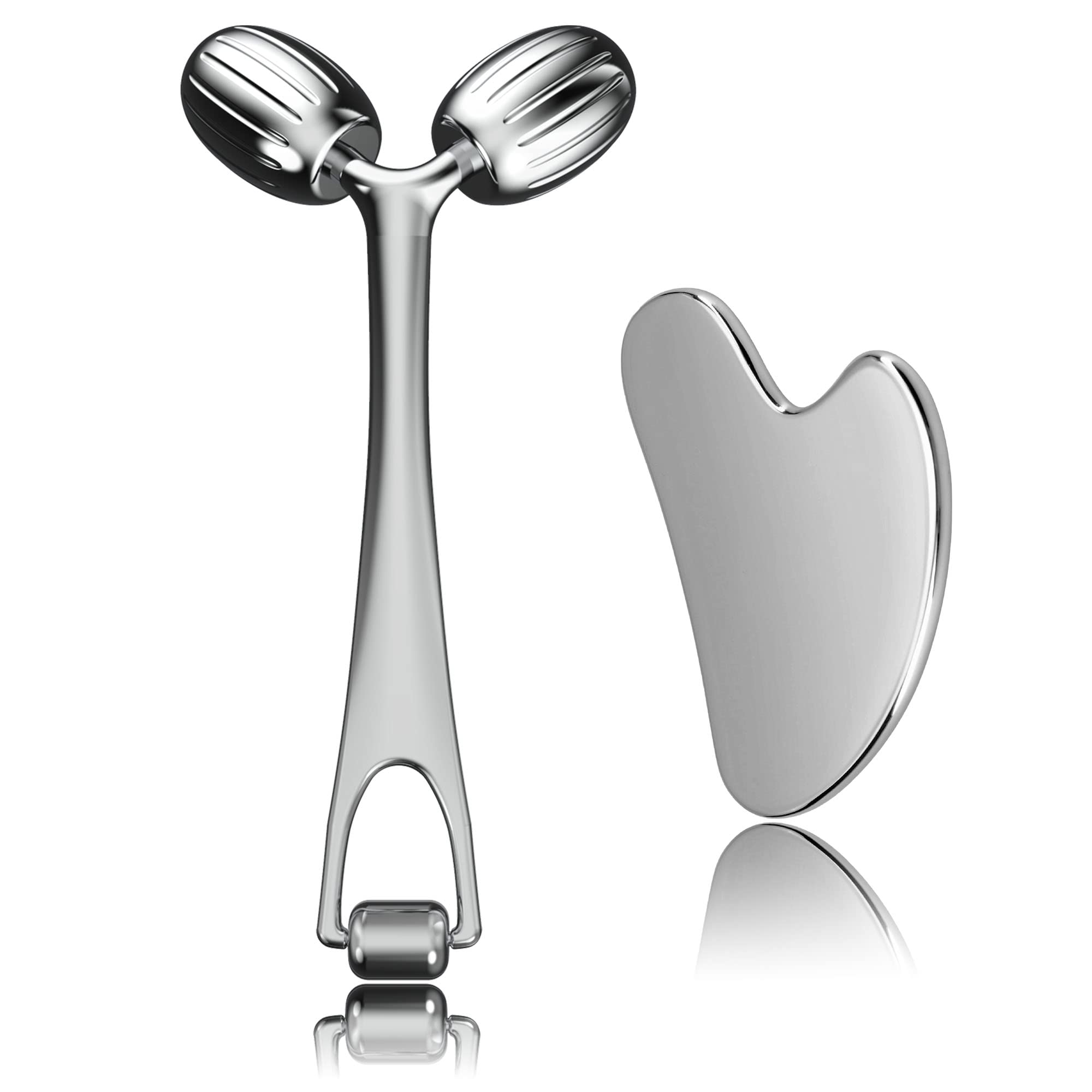 Yeamon Gua Sha Facial Tools and Face Roller Set, Facial Massage Tool for Women’s Skincare Routine,Cooling Stainless Steel Face Sculpting Eyes Roller Guasha for Daily Use or Self-Care Gift for Women