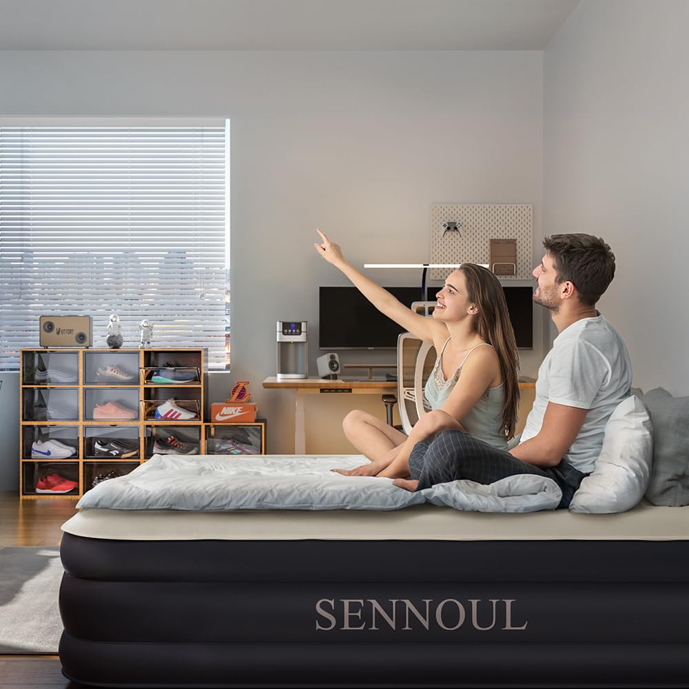 SENNOUL Air Mattress Queen with Built in Pump - 2 Mins Quick Self Inflatable,16"/650lbs Max Blow Up Bed, All Night Stability No Lost Air，No Peculiar Smell for Camping,Home,Guests & Portable Travel