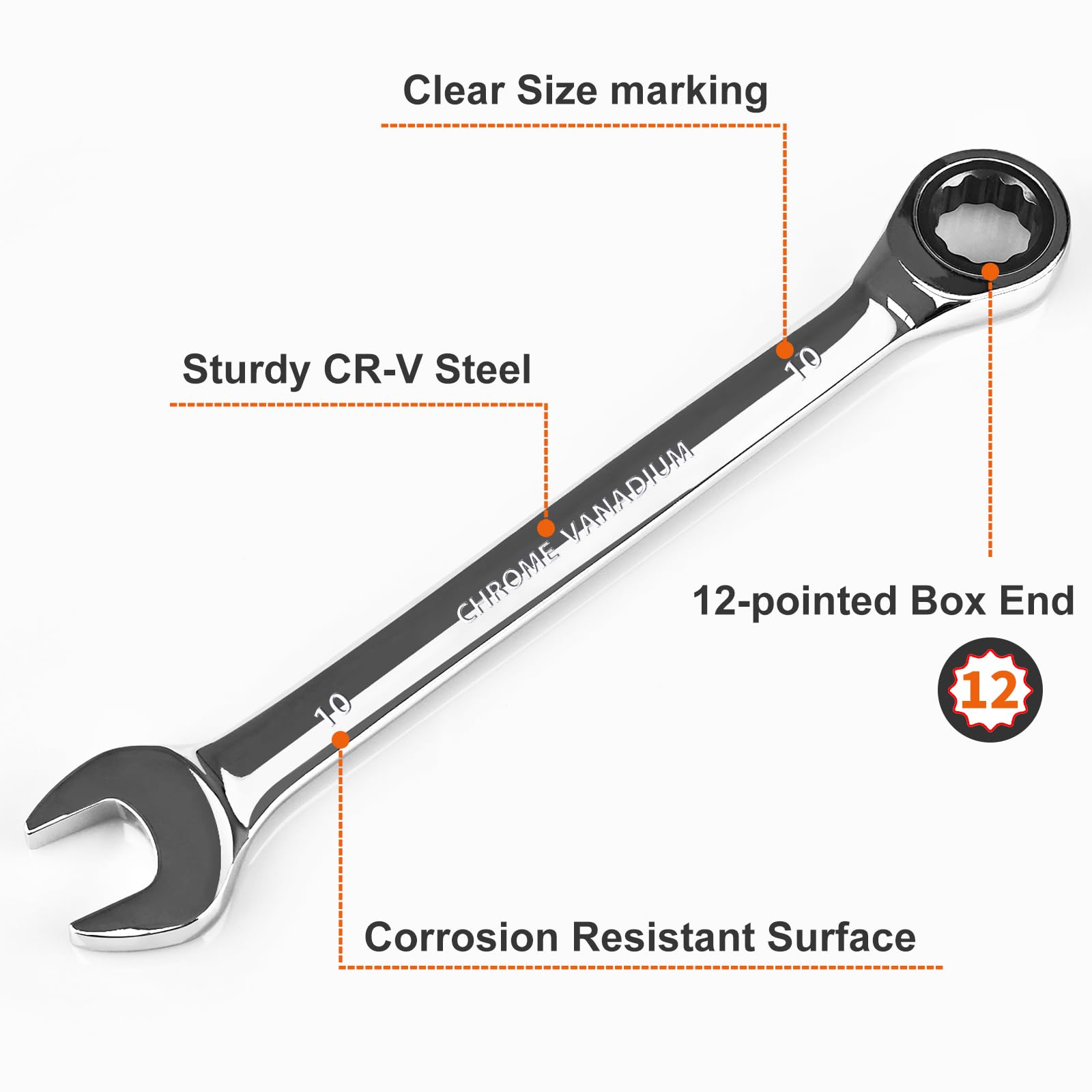Egofine 10mm Ratchet Wrench, Ratcheting Combination Wrench Metric 10mm Wrench, Industrial Grade Gear Spanner with 12-Point Design, 72-Tooth Ratchet, Chrome Vanadium Steel