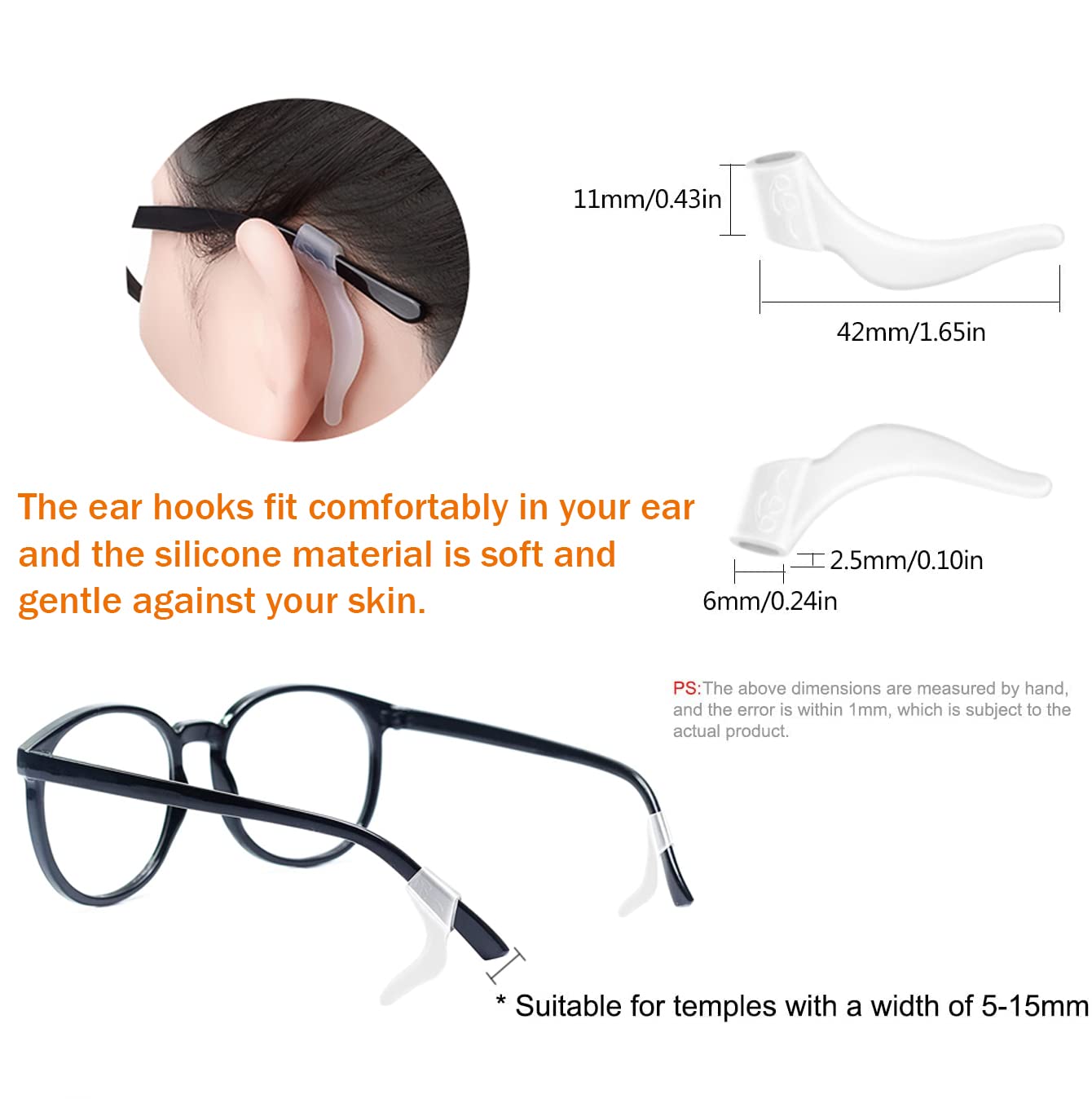 PTSLKHN Soft Silicone Eyeglass Ear Hooks, 10 Pairs of Glasses Anti Slip Grips For Sunglasses, Reading (Clear)