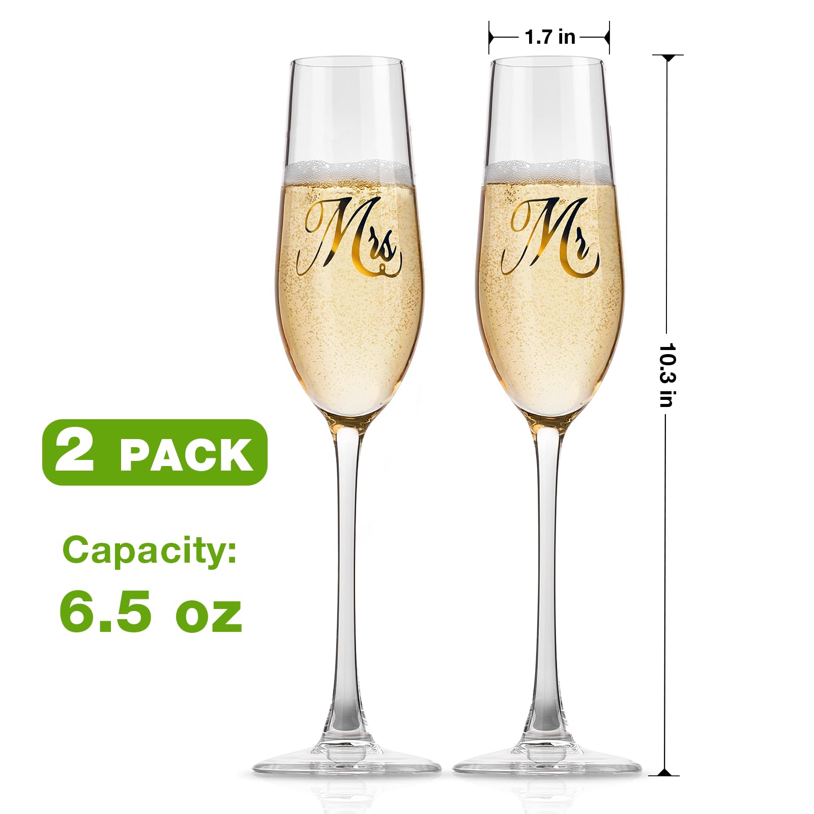 Mfacoy Mr. & Mrs. Champagne Flute Set, Wedding Decor - His and Hers, Wedding Toasting Glasses for Engagement Celebrations, Bridal Shower and Registry Idea, Tall Wine Glasses for Bride and Groom Gifts