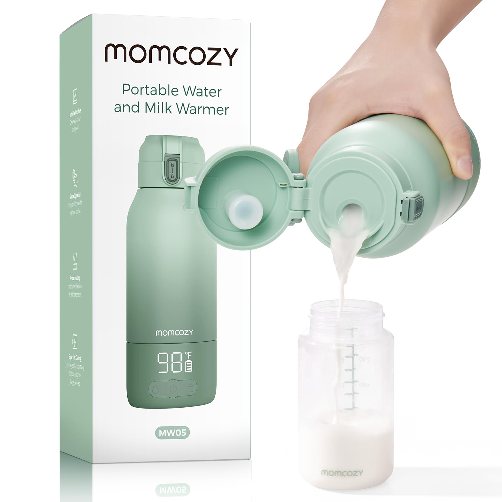 Momcozy مدفئ حليب محمول للسفر - وضعي تسخين مزدوجين لحليب الثدي والماء، مدفأة زجاجات محمولة مع تسخين سريع وعمر بطارية طويل، سعة كبيرة 17 أونصة لتلبية احتياجاتك طوال اليوم.
