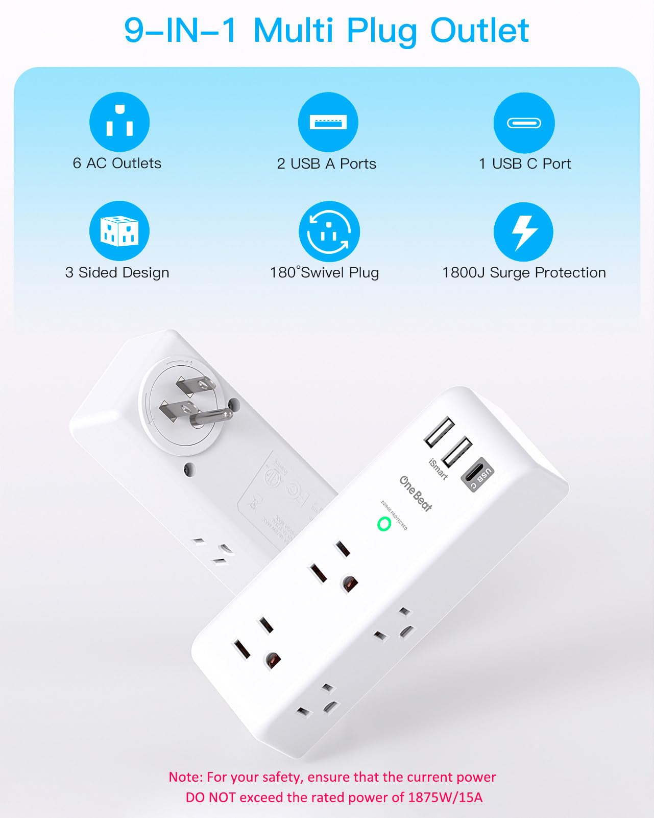 Surge Protector Outlet Extender with Rotating Plug - One Beat 6 AC Multi Plug Outlet with 3 USB Ports (1 USB C), 1800J Wall Charger, 3-Sided Power Strip Spaced Outlet Splitter for Home Office Travel