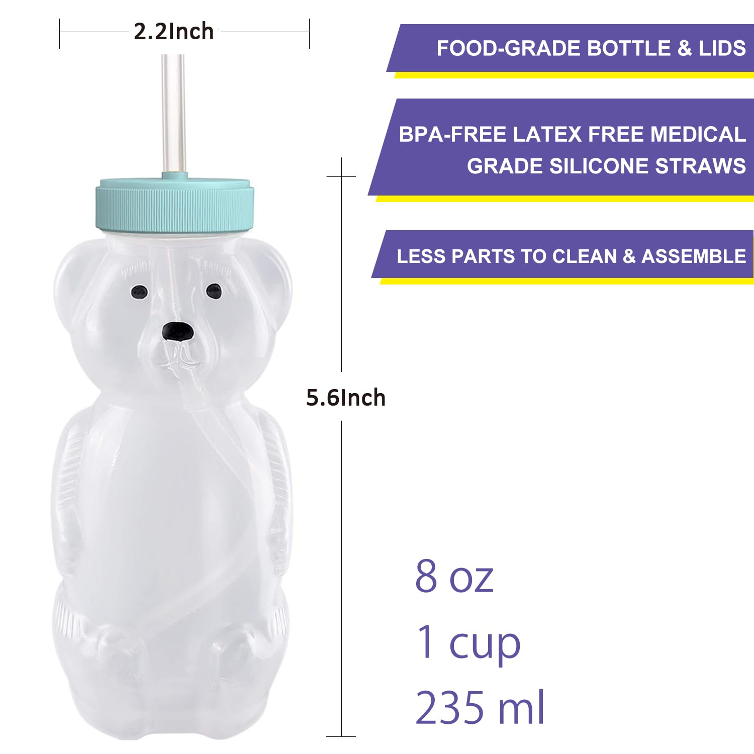 Honey Bear Straw Cups, Juice Bear Bottle Drinking Cup Long Straws with 4 Flexible Straws & Cleaning Tools, 8-Ounce Therapy Sippy Bottles for Speech and Feeding Training, Food-Grade & BPA Free 2 Pack