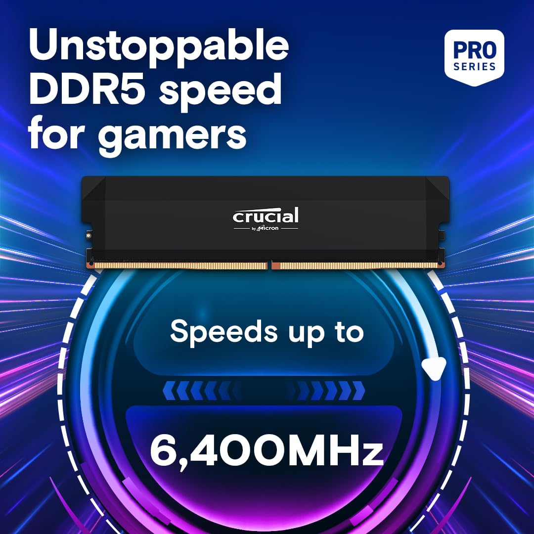 Crucial Pro 32GB DDR5 RAM Kit (2x16GB),CL36 6000MHz, Overclocking Desktop Gaming Memory, Intel XMP 3.0 & AMD Expo Compatible, Black - CP2K16G60C36U5B