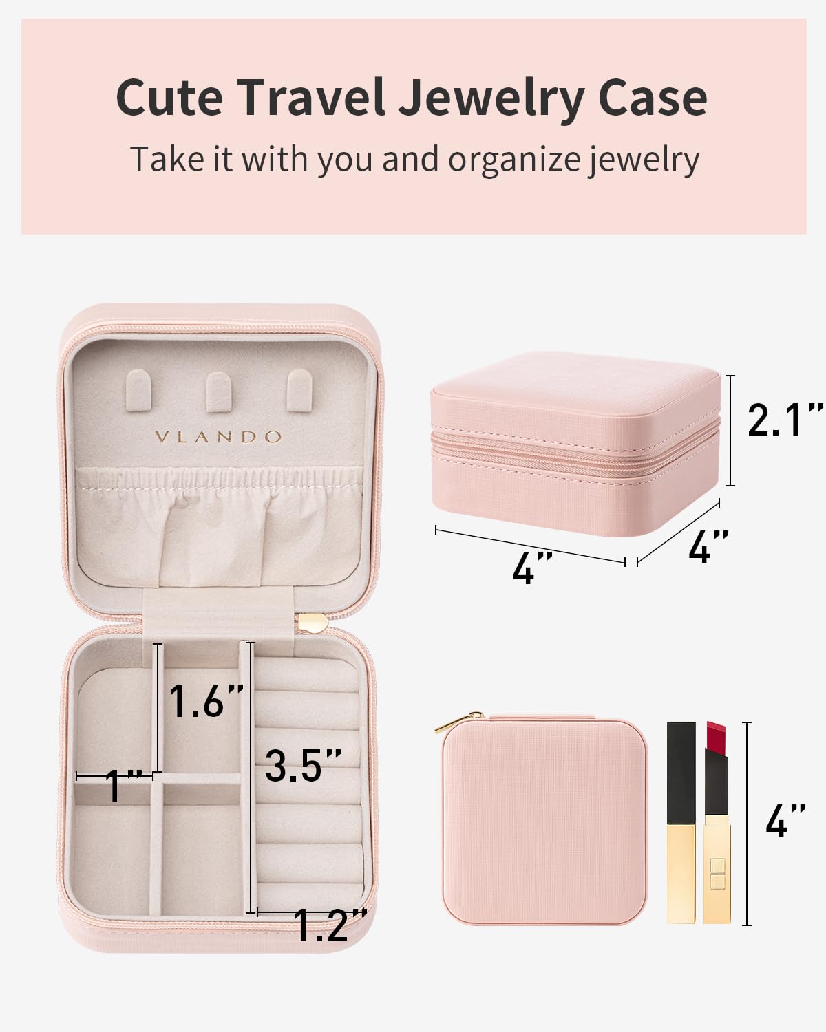 Vlando Travel Jewelry Case - Teacher Appreciation Gifts - Small Jewelry Travel Organizer Box Travel Essentials Christmas Gift for Women Girl - Pink