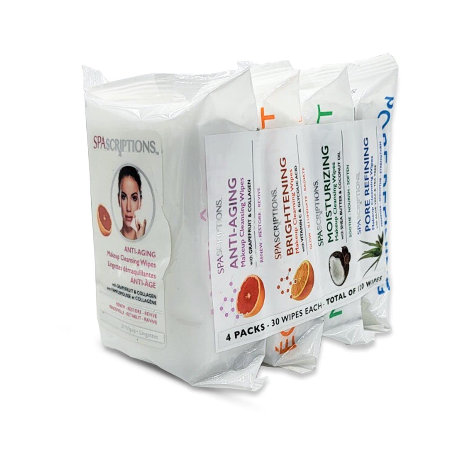 Spascriptions™ Anti-Aging, Brightening, Moisturizing & Pore Refining Towelettes Removes Waterproof Makeup, Revives with Collagen, Vitamin C, Coconut Oil, and Aloe Hypoallergenic, 120 Ct. 4 Pack