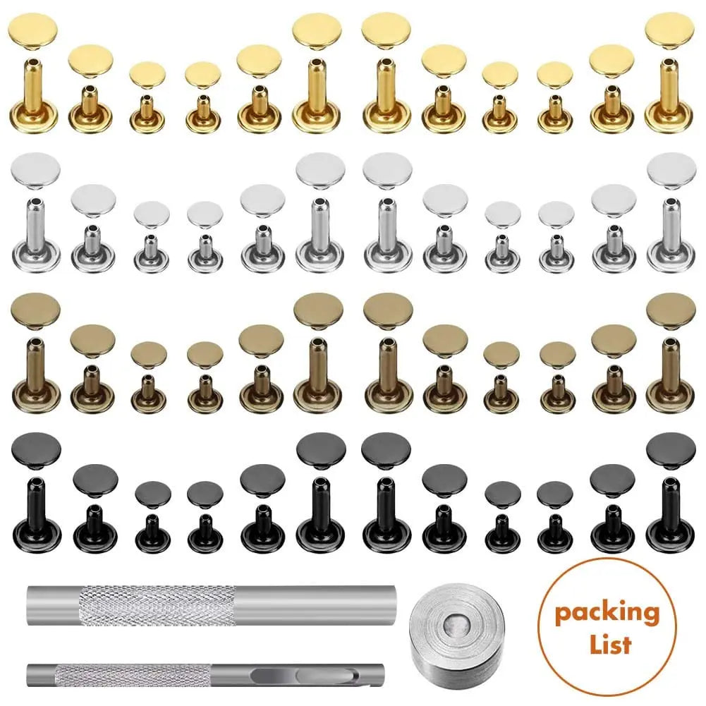Selizo 480 Sets 4 Colors 3 Sizes Leather Rivets Double Cap Rivet Tubular Metal Studs with 3 Pieces Setting Tool Kit for Leather Craft Repairs Decoration