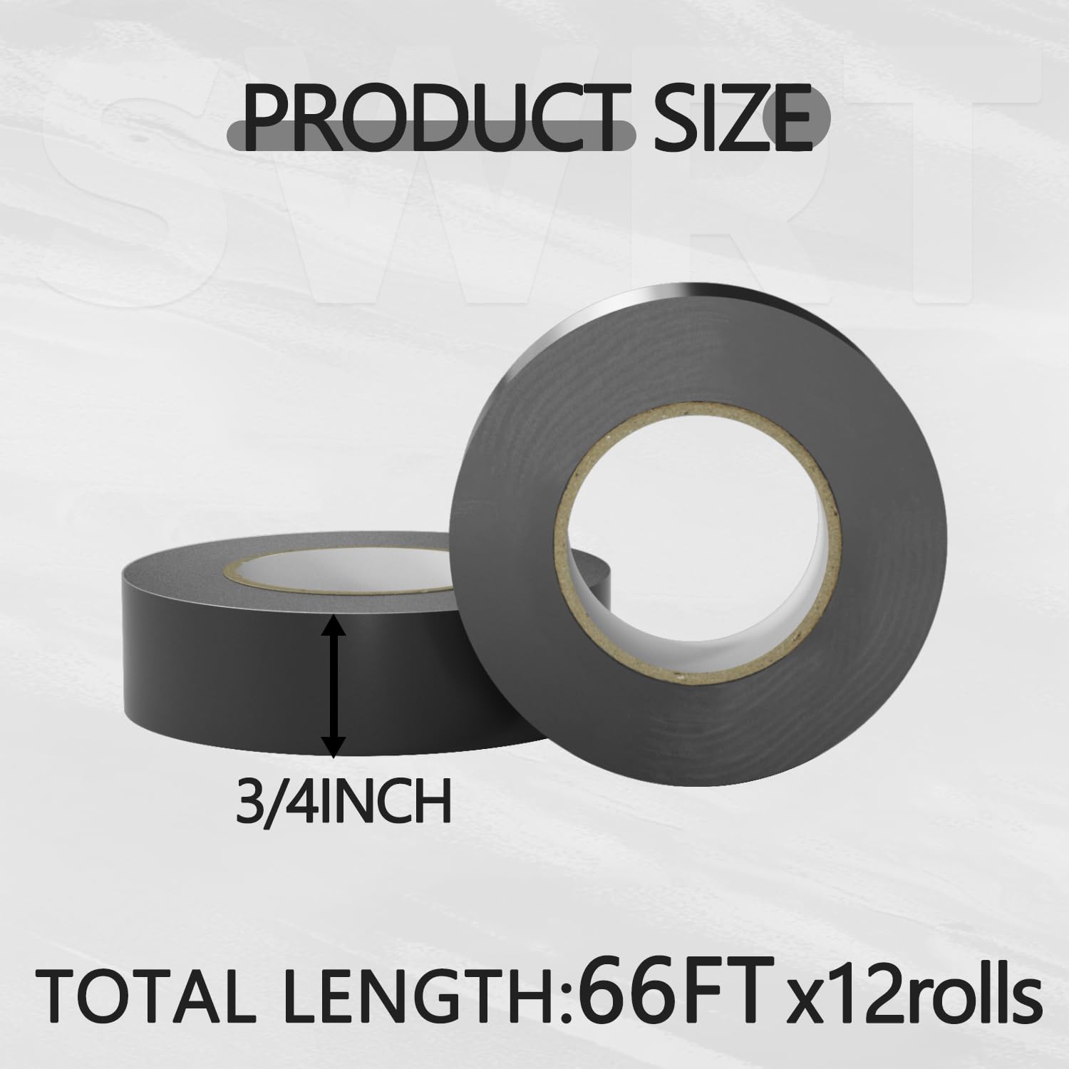 SWRT 12 Pack Black Electrical Tape Waterproof, 0.75 in x 66 FT High Temp Electric Tape Under 600V for All Weather - UV Protection - Flame Retardant