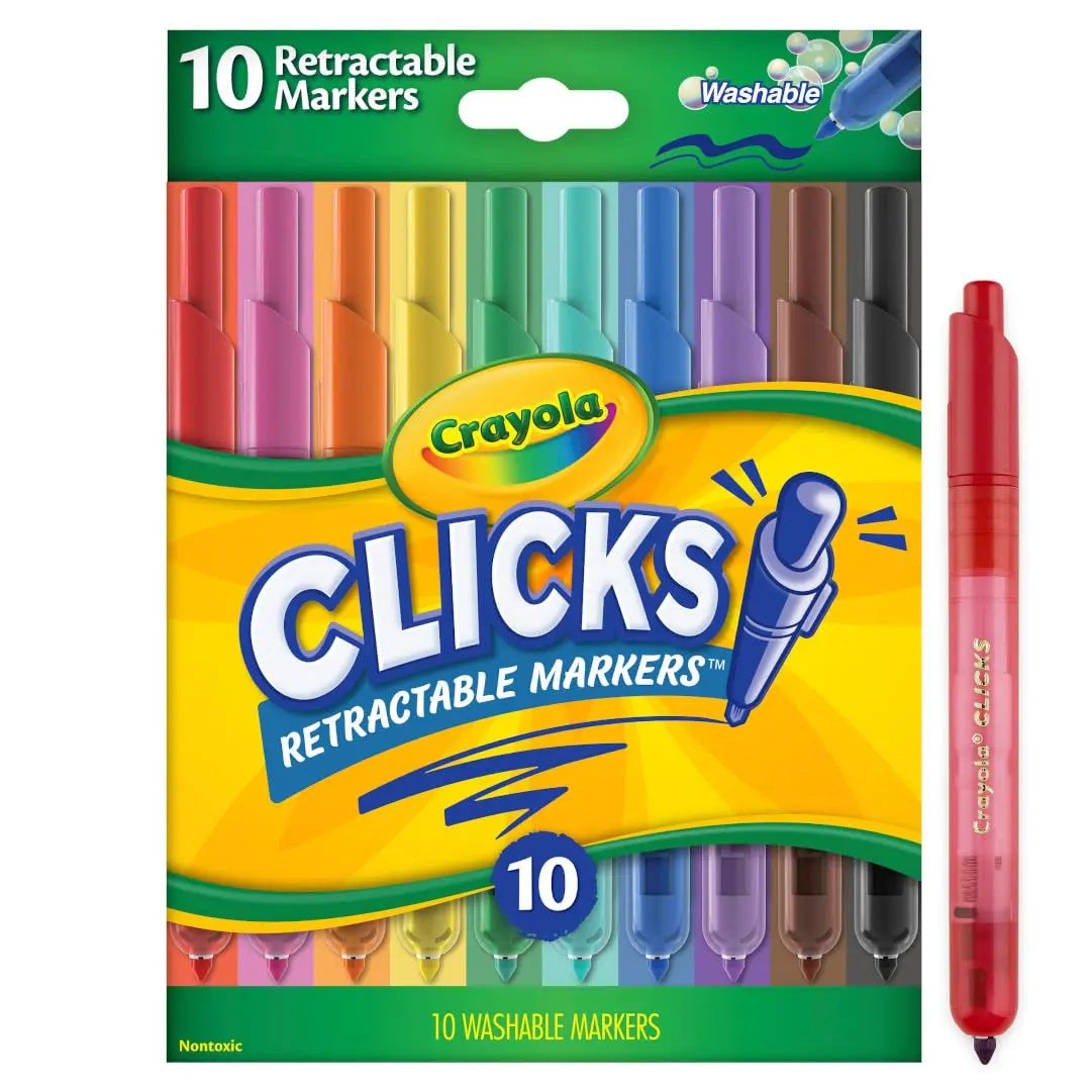 Crayola Clicks Retractable Tip Marker Set for Kids (10ct), Teacher Supplies, Long Lasting Markers For School, No Dry, Coloring Book Essentials, 6+