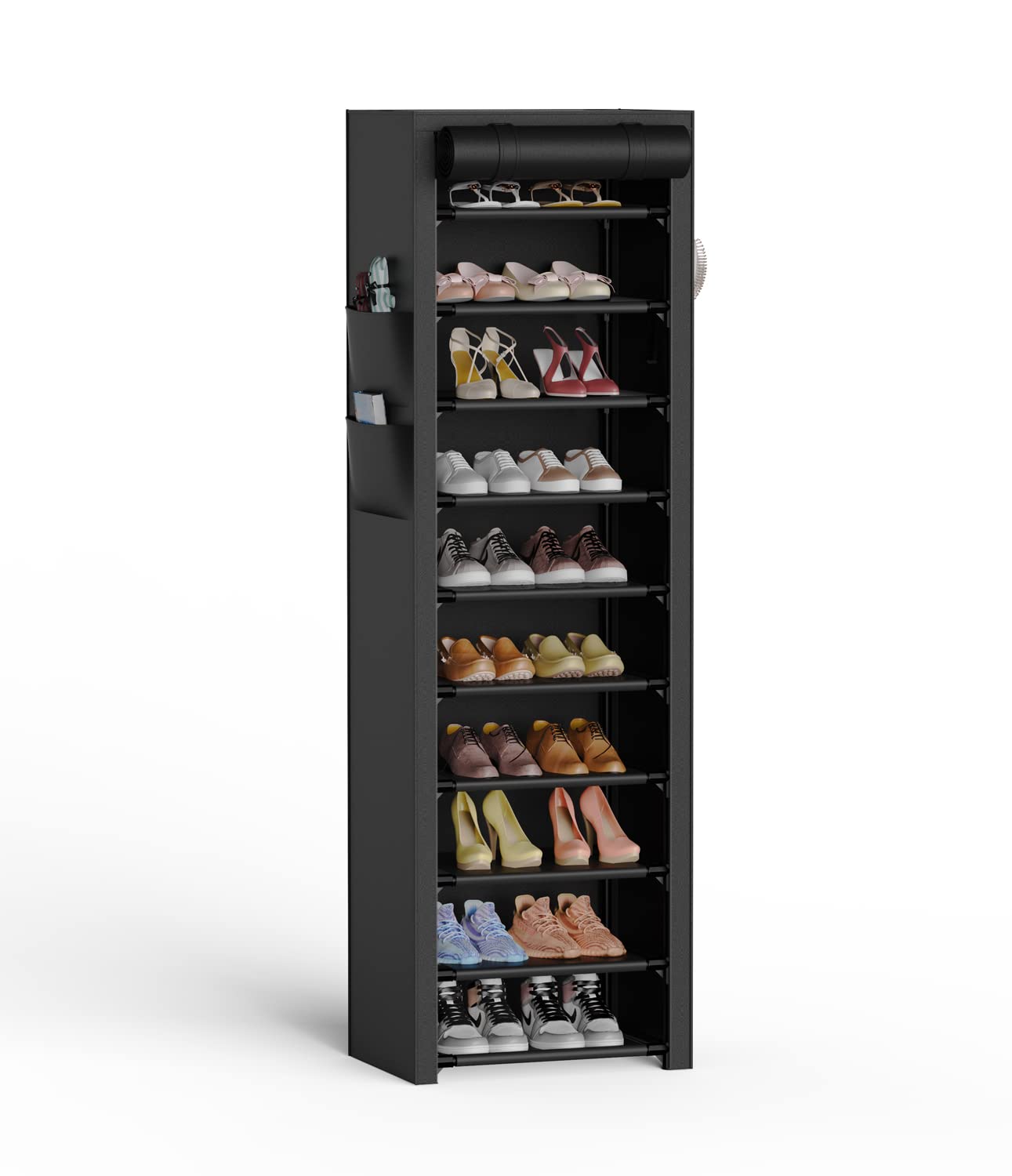 VTRIN Vertical Narrow Shoe Rack Organizer Tall Shoe Rack for Closet Entryway 10 Tier Non-Woven Cover Shoe Shelf Holds 20-22 Pairs Free Standing Shoe Storage Cabinet with Dustproof Cover, Black