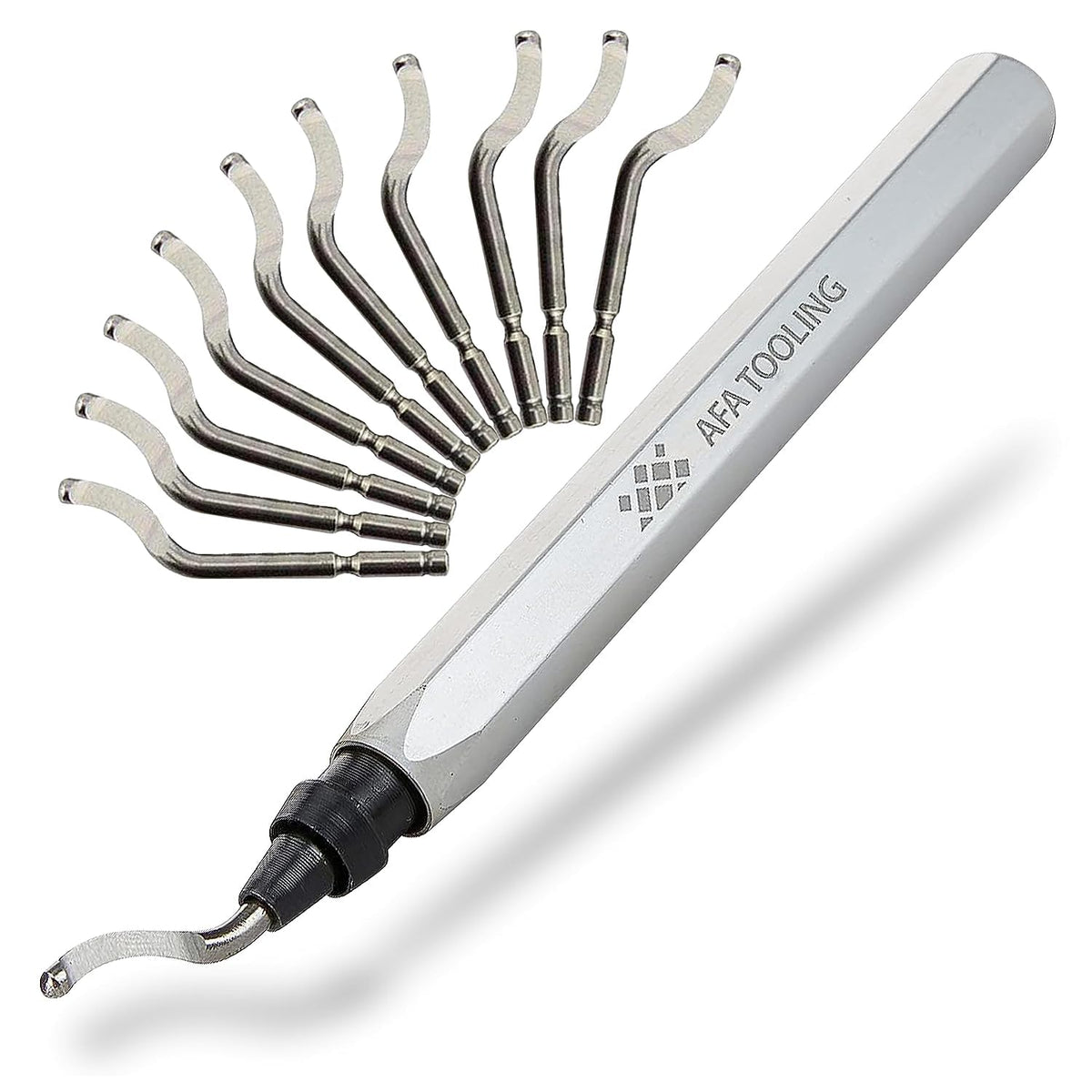 AFA Tooling - Deburring Tool Anodized Silky Silver Handle with 11 High-Speed Steel Blades, Deburring Tool 3D Printing, Reamer Tool for Metal, PVC, Copper Pipe, Plastic, Steel, Resin & 3D Printed Edges