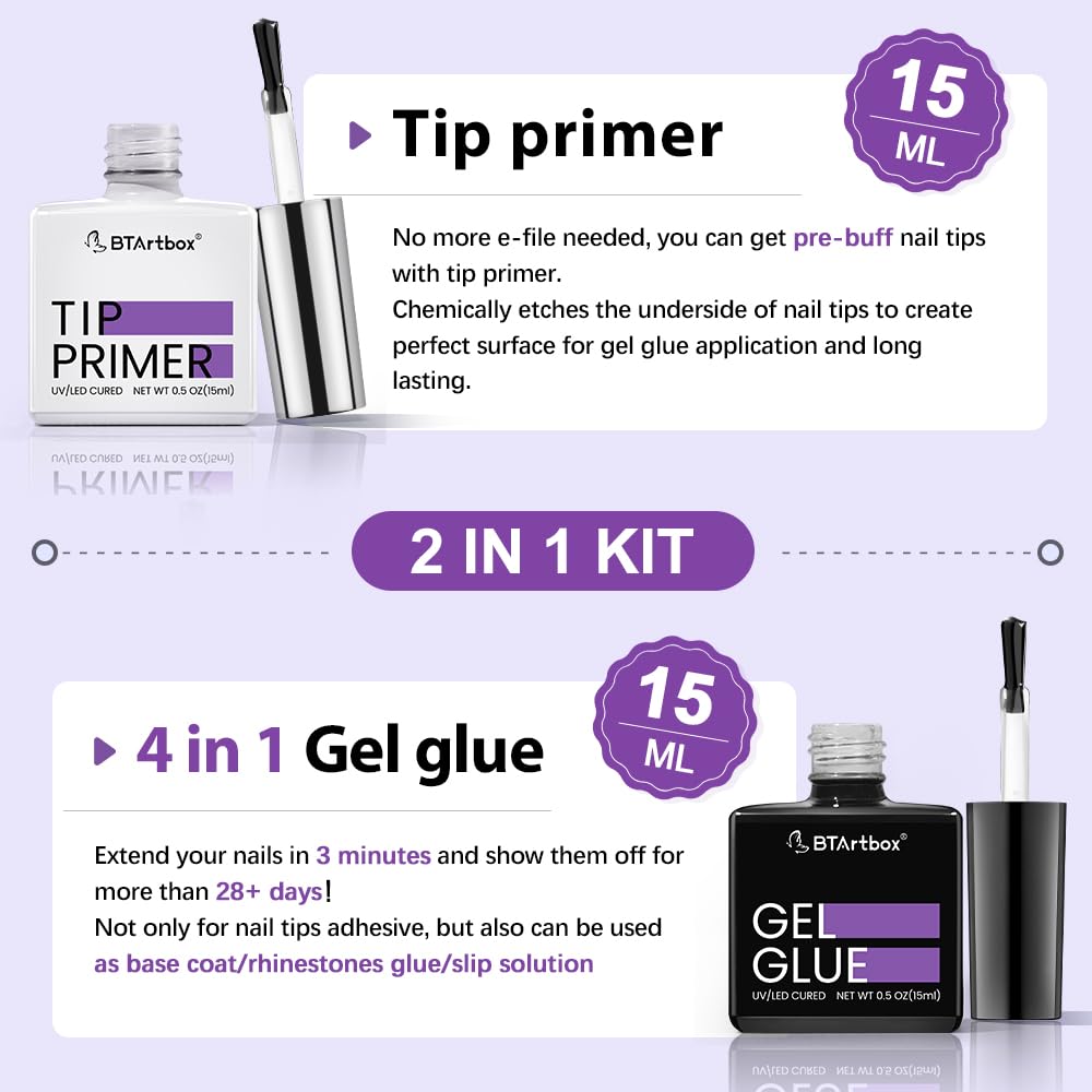 BTArtbox Nail Glue & Primer Set - 2 x 0.5 Fl Oz Acrylic French Ballerina Nail Gel, Long Lasting Super Strong 4 in 1 UV Nail Gel for Press On Nails