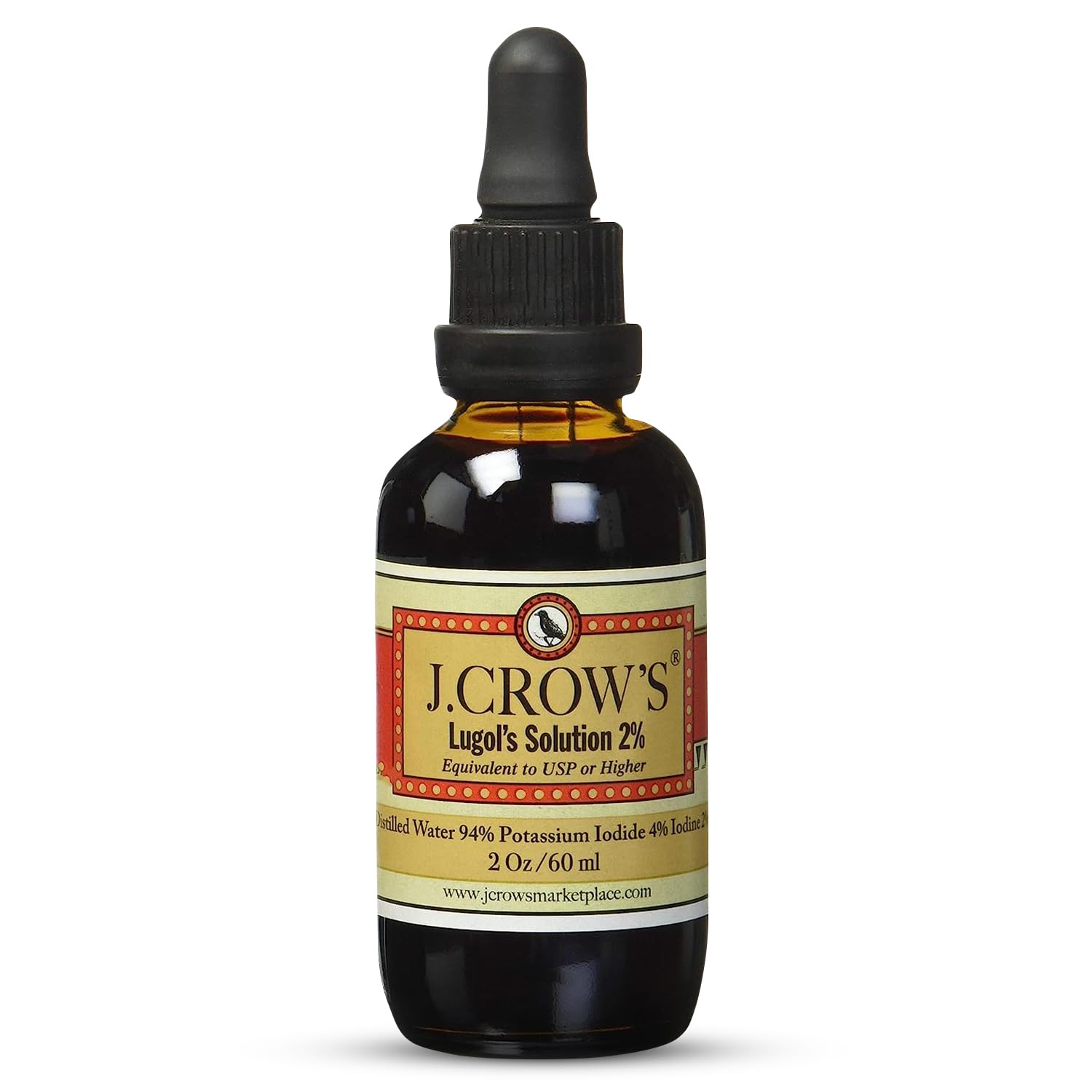 J.CROW'S Lugol's Solution of Iodine 2% 2 oz (1 Bottle) - Premium Potassium Iodide Liquid, Supports Thyroid & Energy, Gluten &, Alcohol-Free Natural Brine Extract, No Expiration