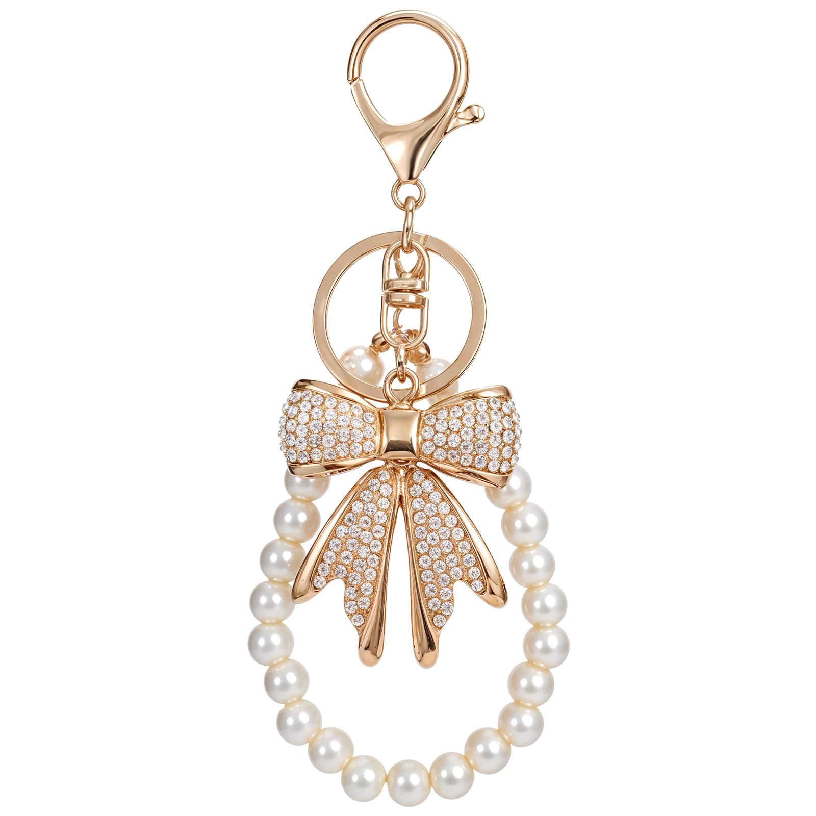 Lnngub Bow Keychain White Rhinestone Bowknot Keychain Imitation Pearl Chains Sparkly Bow Purse Charm Bag Charms for Handbags Purse Backpacks Handbag Charms Keychain Accessories for Women,2 Pcs
