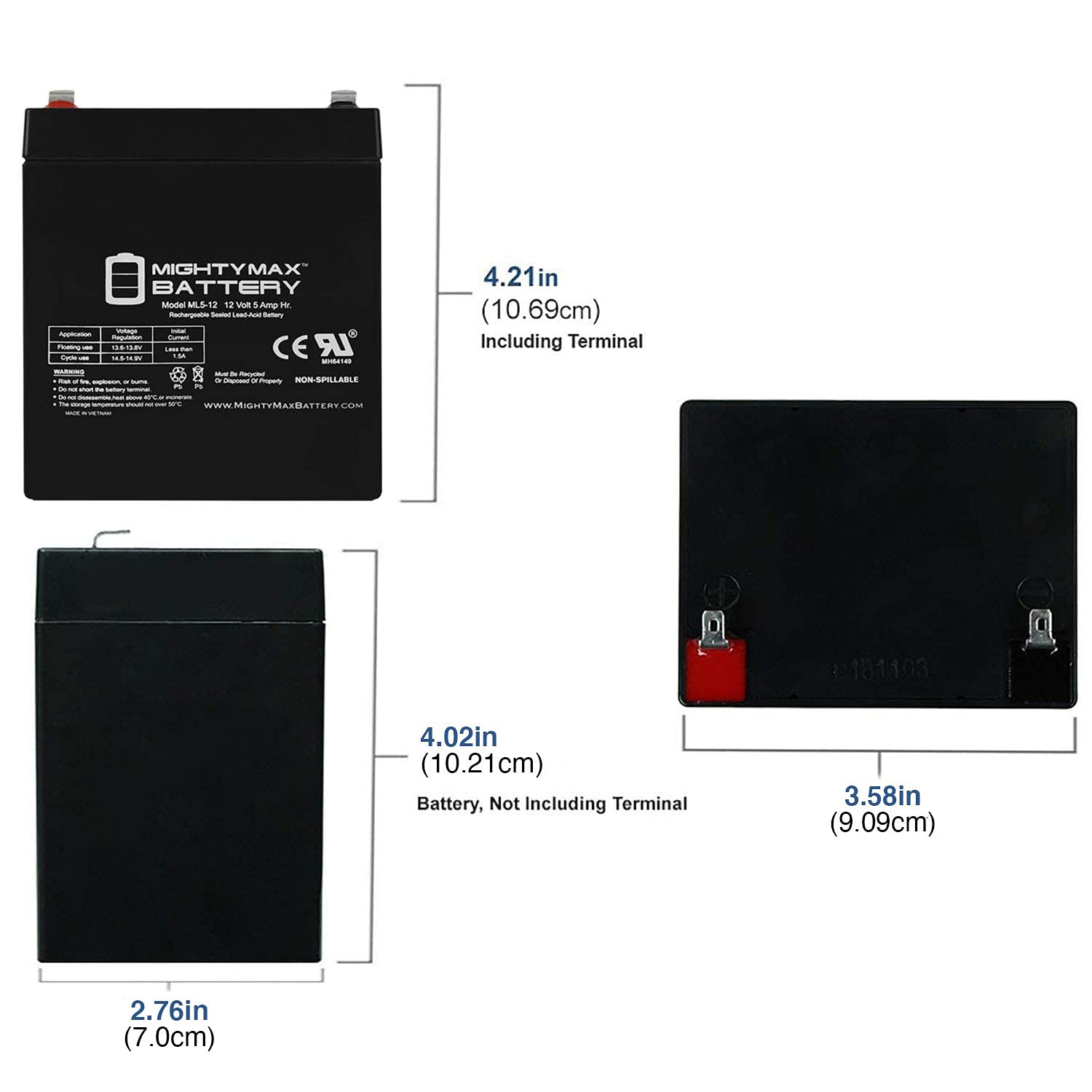 Mighty Max Battery ML5-12 - 12 Volt 5 AH, F1 Terminal, Rechargeable SLA AGM Battery