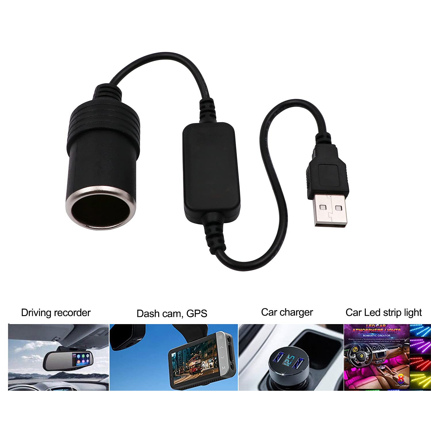 WYMECT USB A Male to 12V Car Cigarette Lighter Socket Female Converter Cable (8W Max)