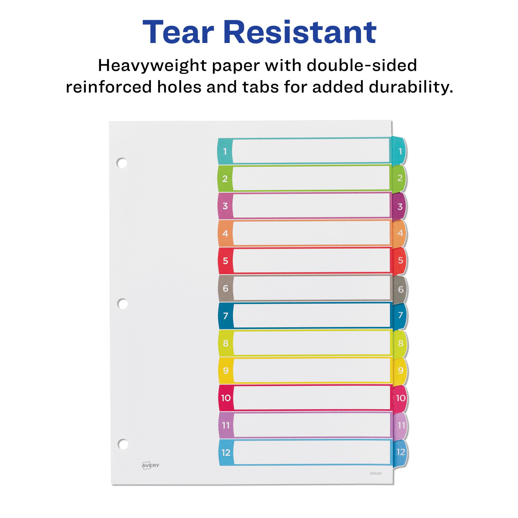 Avery 12 Tab Dividers for 3 Ring Binder, Multicolor Tab Dividers, Customizable Table of Contents, 1 Set (11843)