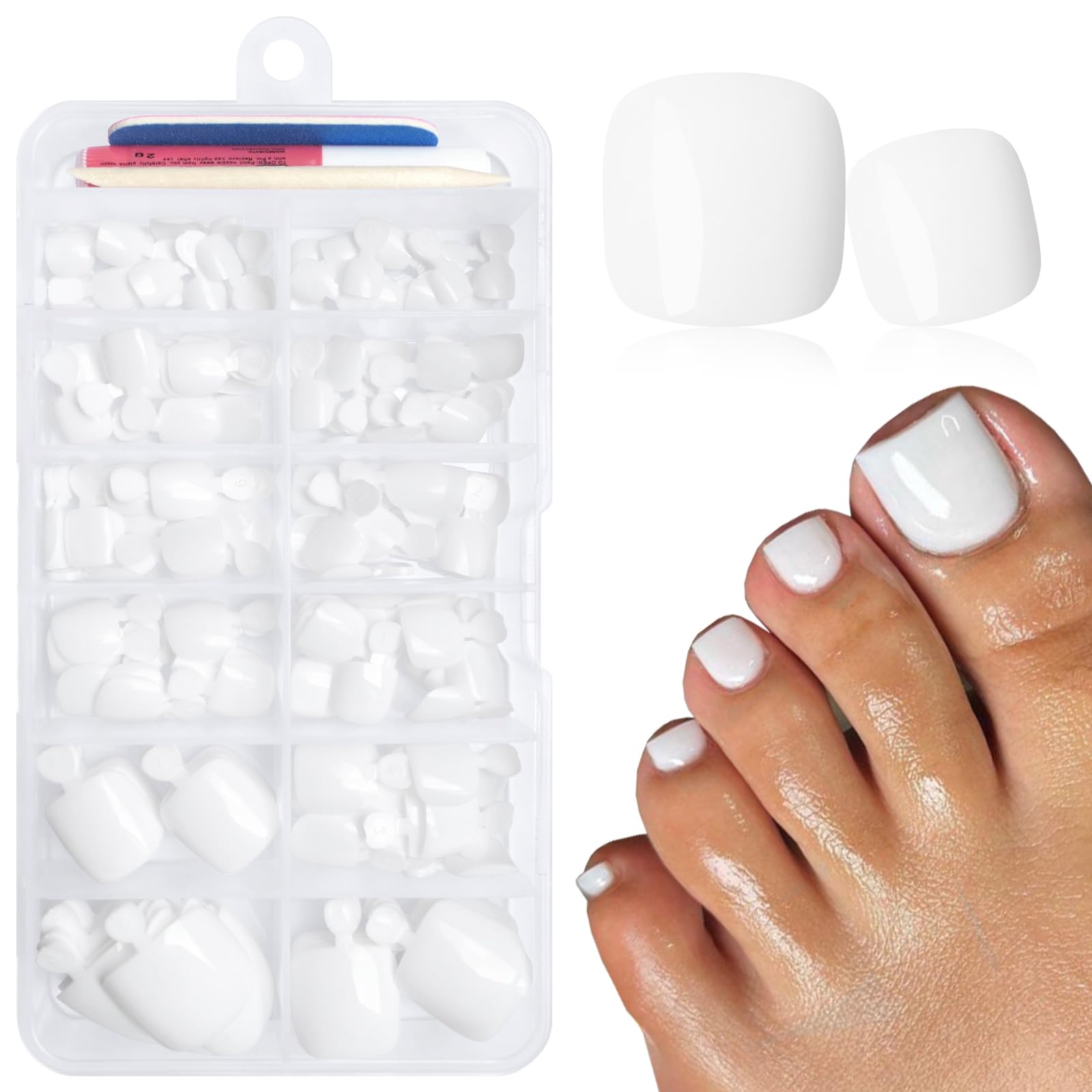 LuckForever 168pc Press on Toenails Women Fake Toe Nails with Adhesive Tabs, White Fake Toenails Press on Nails Toe Acrylic Nail Tips Short Square False Toenails Artificial Toe Nails Press ons