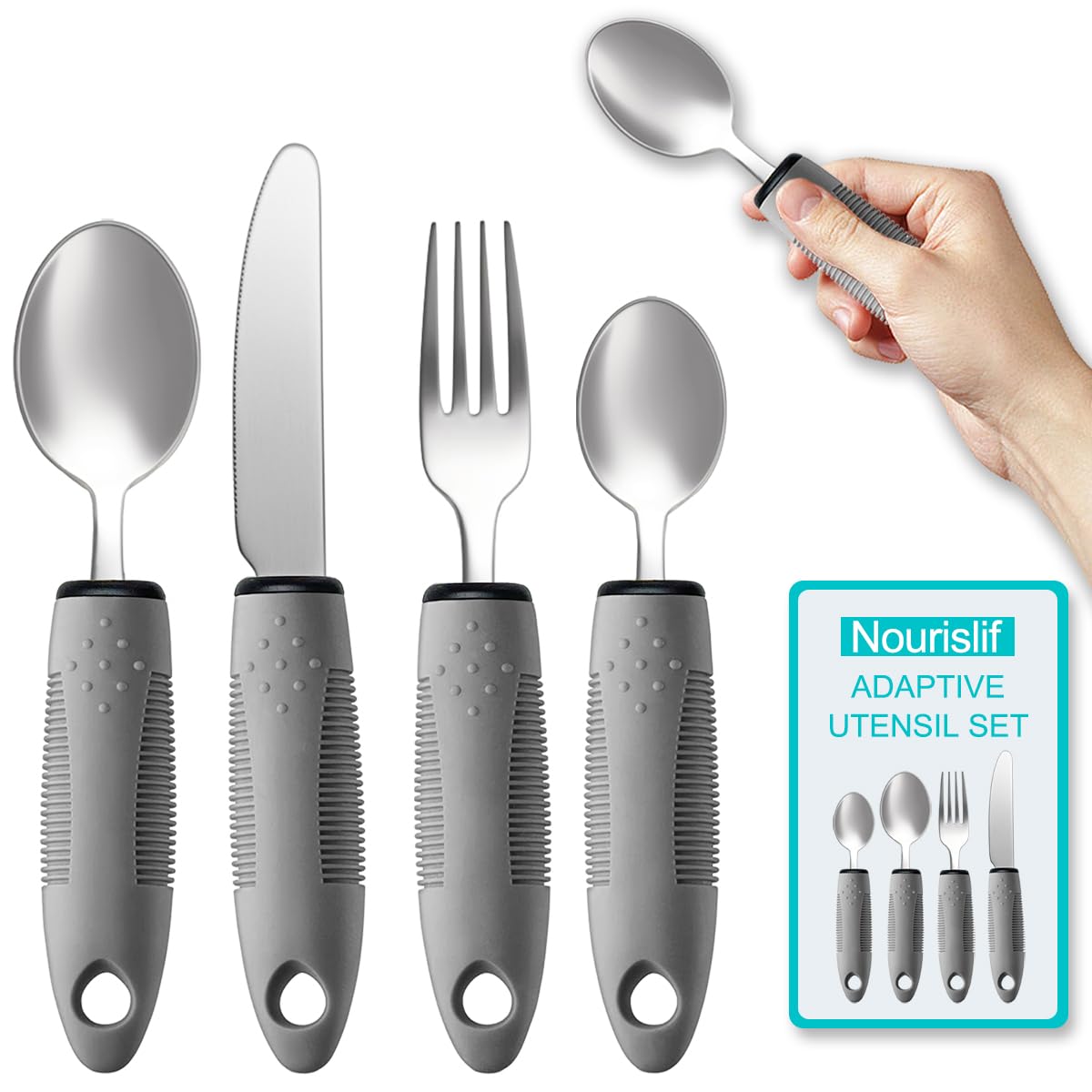 Nourislif Adaptives Besteck 4-teilig für Handzittern, Senioren, Arthritis, Parkinson – Aufgebautes Besteck für Erwachsene – Grifferleichterung – 70 g Gewicht pro Besteckteil für Handzittern