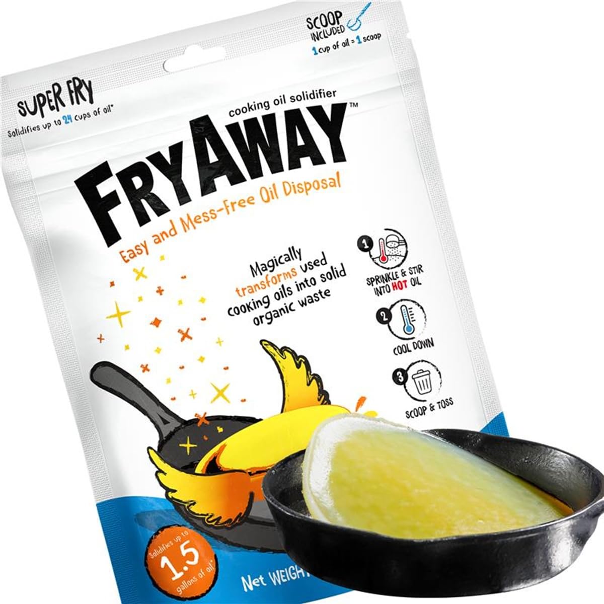 FryAway لتصلب زيت الطهي، تصلب زيت نباتي/ الكانولا لسهولة التخلص منه، تصلب الزيوت الطبيعية، مسحوق تصلب الشحوم، محلول نفايات كما شوهد في برنامج Shark Tank، سوبر فراي، 24 كوب