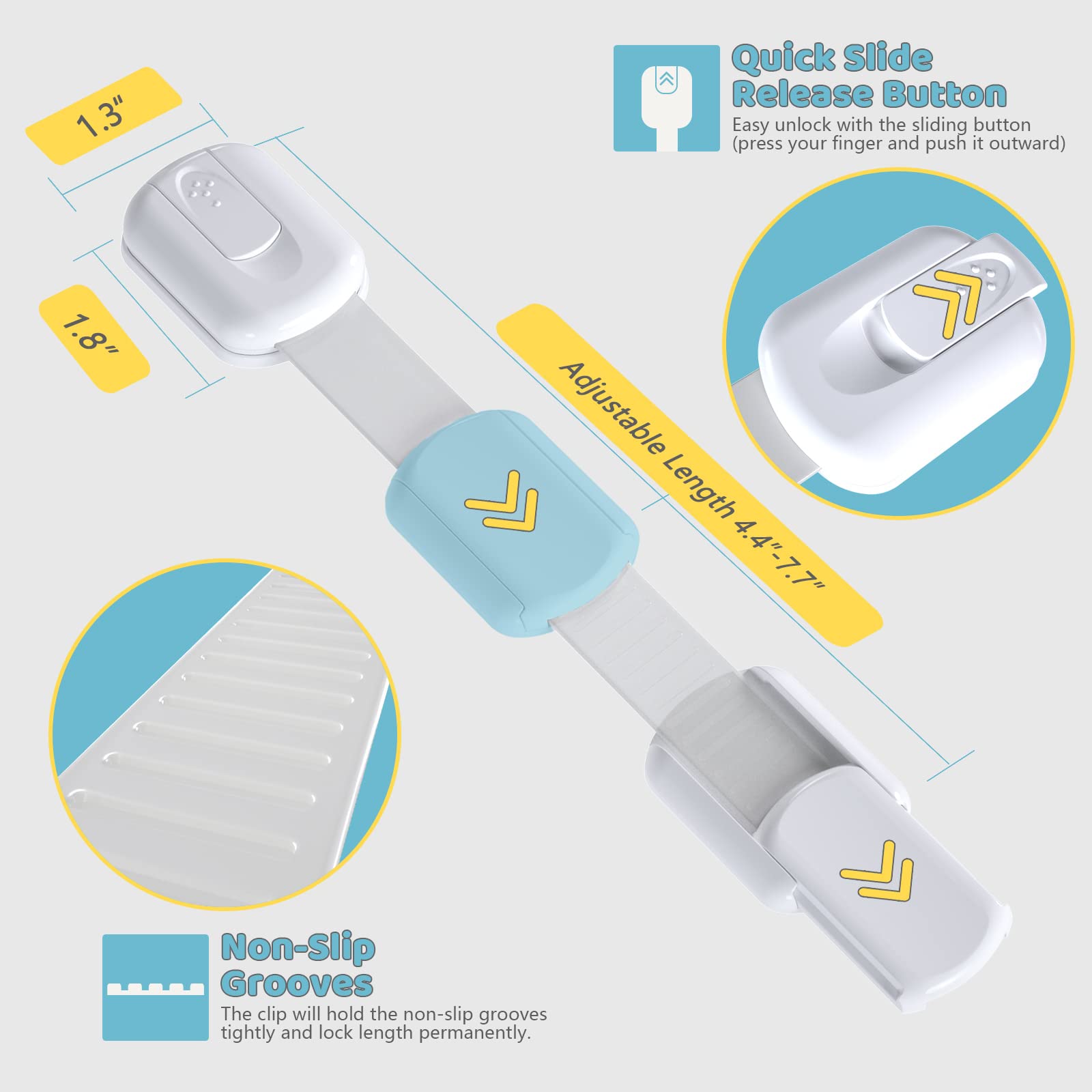 4our Kiddies 14 Pack Baby Proof Cabinet Latches, Childproof Drawer Latches with 12 Extra 3M Adhesives, Adjustable No Drilling Child Safety Cabinet Locks Straps Baby Drawer Locks for Kids Baby Safety