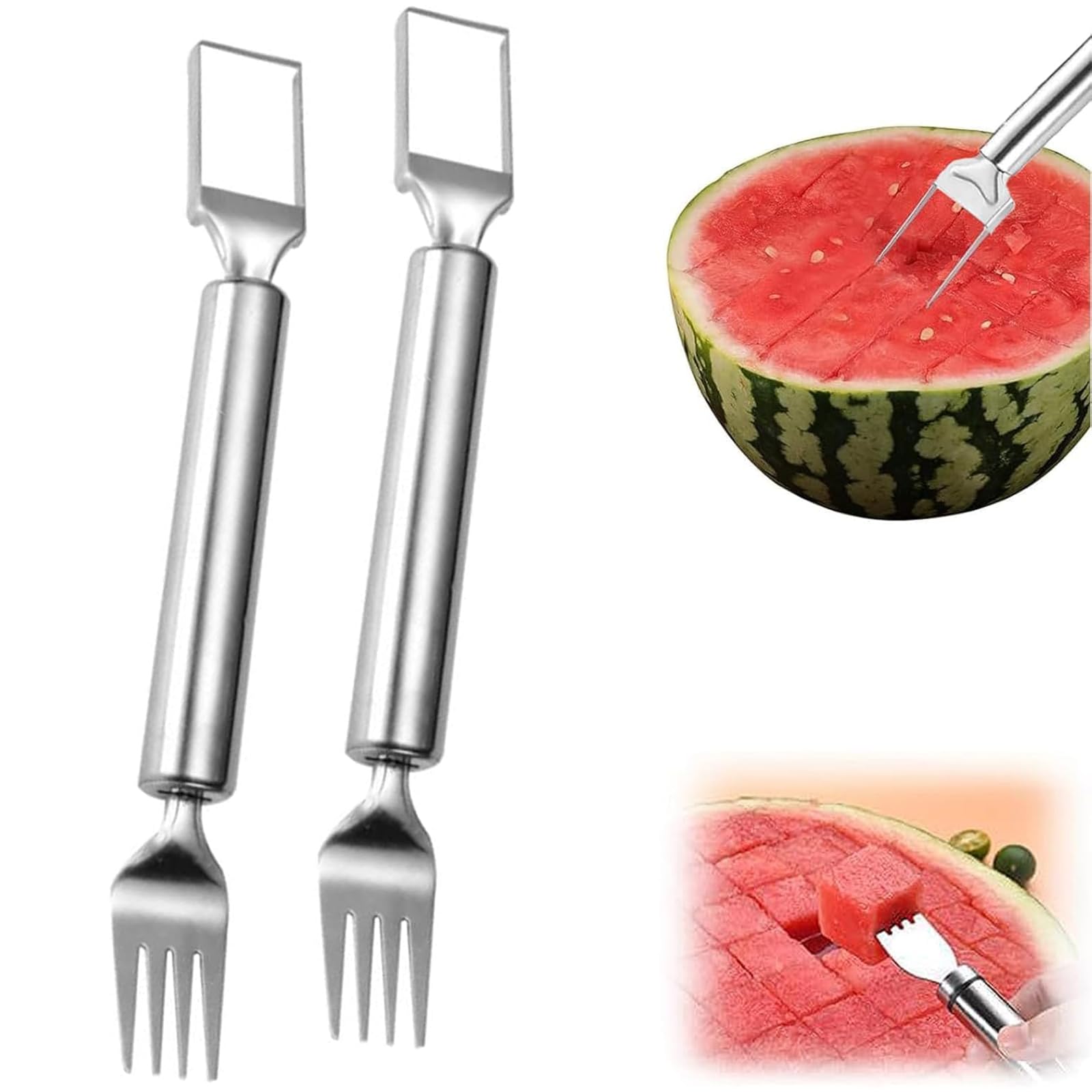 2Pcs Watermelon Fork Slicer Cutter, 2-in-1 Stainless Steel Fruit Cutter, Watermelon Cutter，New Upgrade Dual Head Watermelon Fork Slicer Tool, Summer Fruit Cutting Home Kitchen Gadgets.