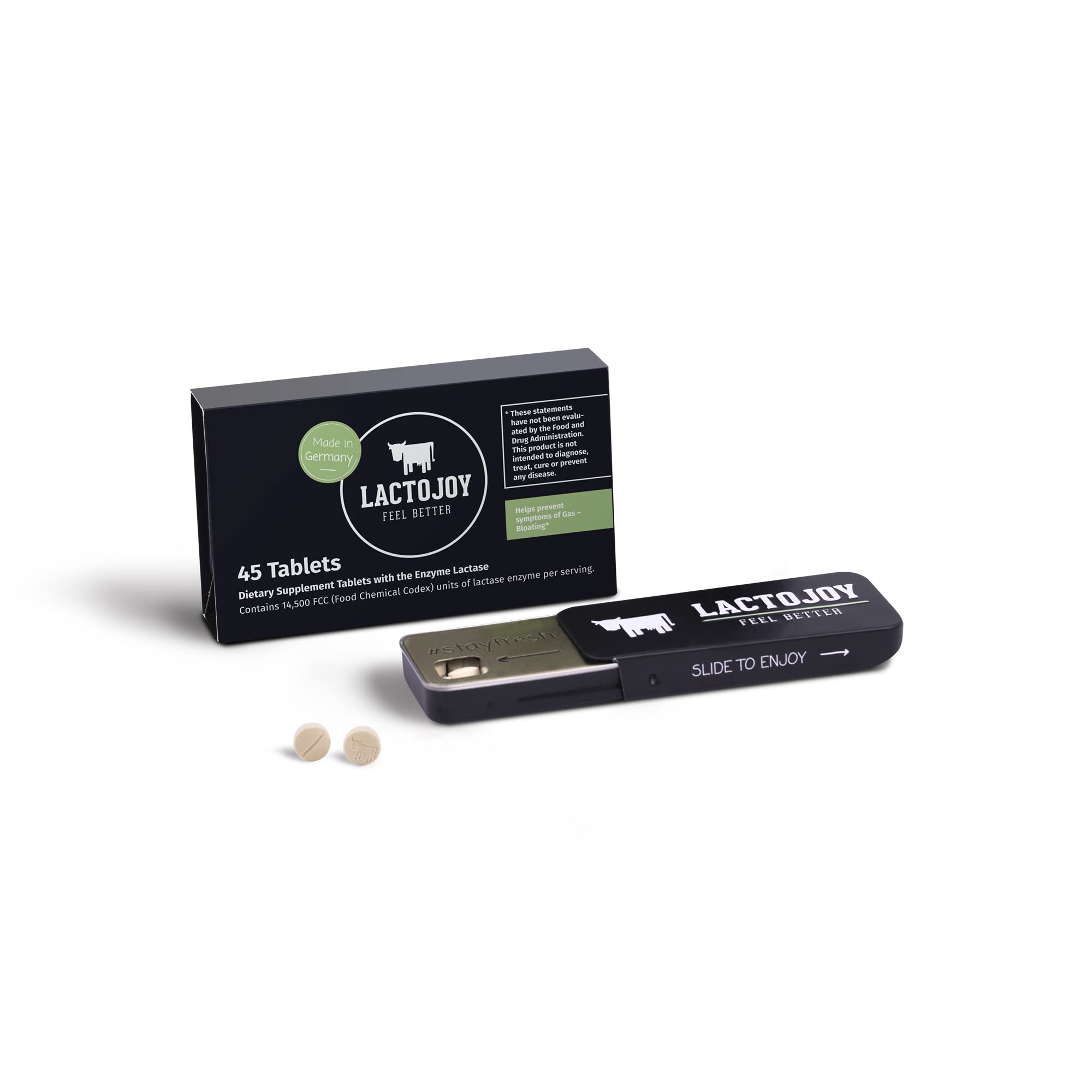 LactoJoy Lactase Pills 14,500 I 45 Pieces I Powerful Lactase Enzymes for Lactose Intolerance I Ultra Pure Lactase for Improved Digestion I No Silicon Dioxide, No Artificial Flavors, No Sucralose