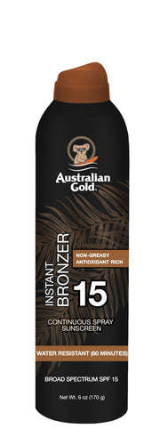 Australian Gold Continuous Spray Sonnenschutz mit Sofort-Bräuner LSF 15, sofortiger Glanz & schnell trocknend, Breitspektrum, wasserfest, nicht fettend, oxybenzonfrei, tierversuchsfrei, 177 ml