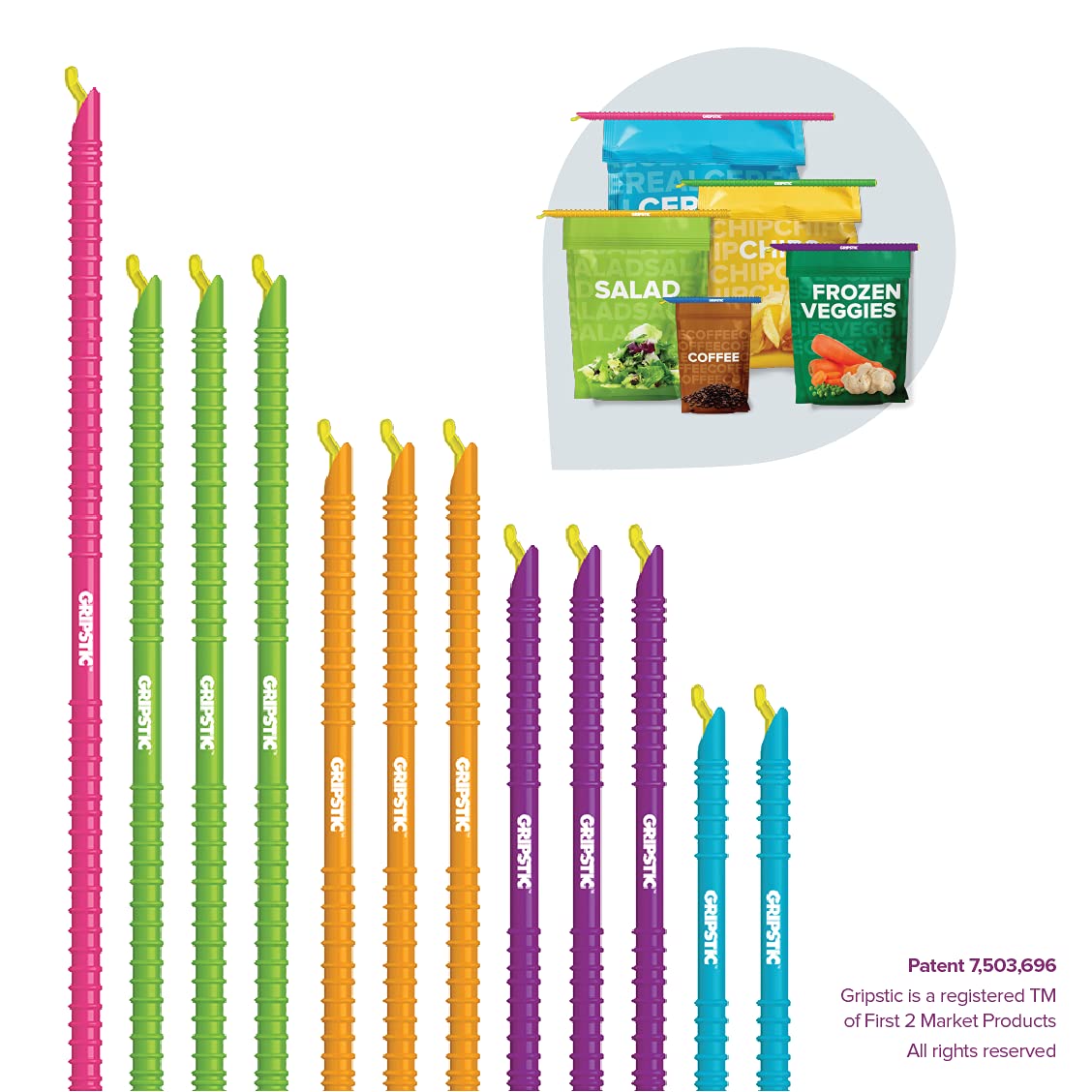 GripStic 12pc Assorted Bag Clips. Durable and reusable chip clips seal food bags air tight. Set includes: (2) 5" Blue, (3) 7.25" Purple, (3) 8.75" Orange, (3) 11.25" Green, (1) 13" Pink.