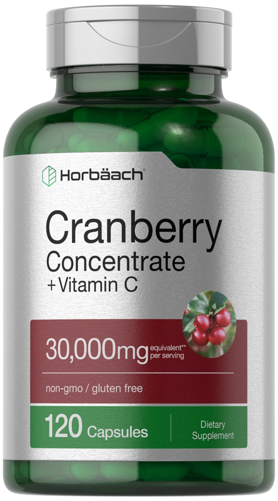 Horbaach Cranberry Concentrate Extract Pills + Vitamin C | 30,000mg | 120 Capsules | Triple Strength Ultimate Potency Formula | Non-GMO and Gluten Free Supplement
