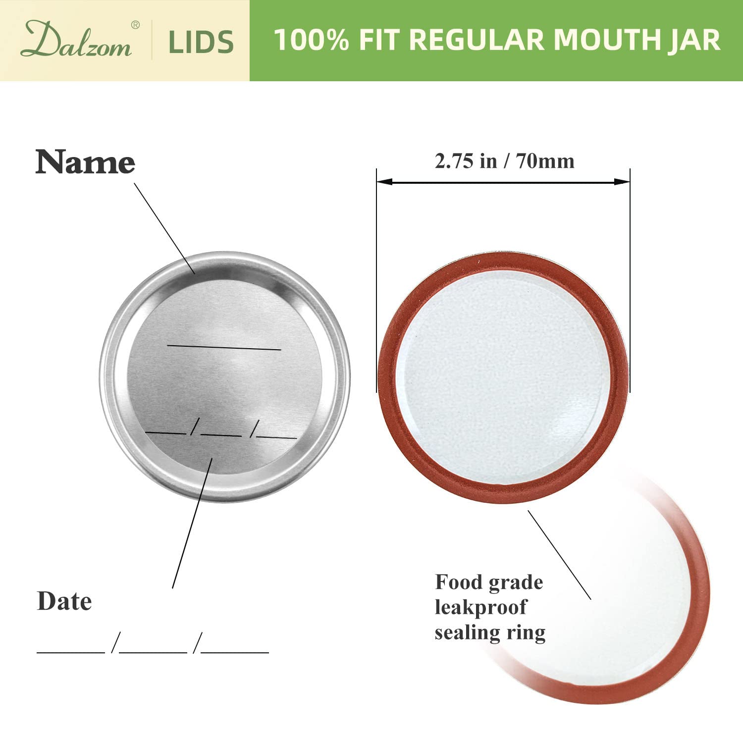 Dalzom® 48Pcs Canning Lids with Rings Regular Mouth, Premium Mason Jar Lids with Bands/Rings for Ball, Kerr Jars - Food Grade Material, 100% Fit & Airtight for Regular Mouth Mason Jars