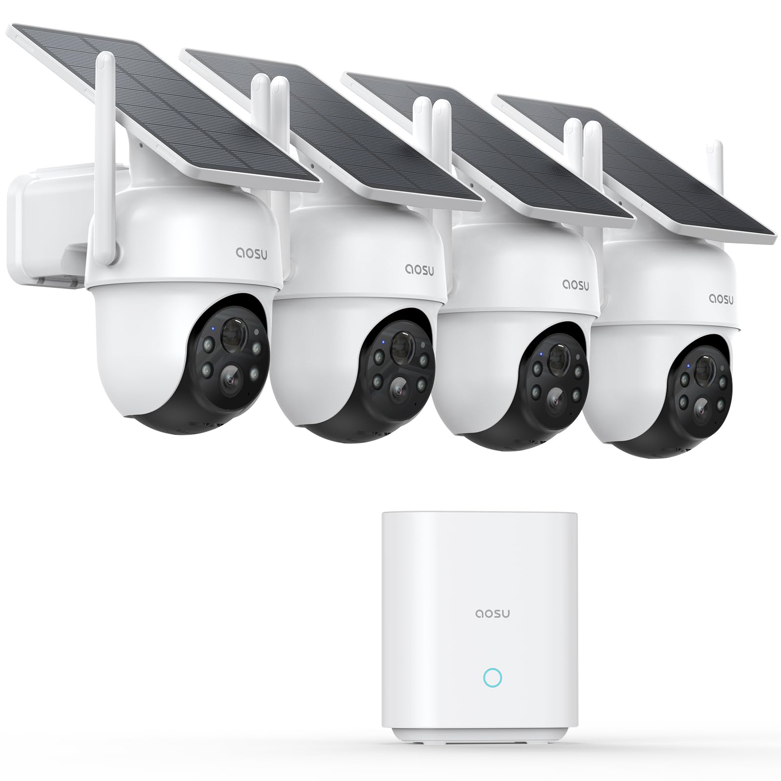AOSU Security Cameras Outdoor Wireless, 4 Cam-Kit, No Subscription, Solar-Powered, Home Security Cameras System with 360 degrees Pan & Tilt, Auto Tracking, 2K Color Night Vision, Easy Setup, 5G & 2.4G WiFi