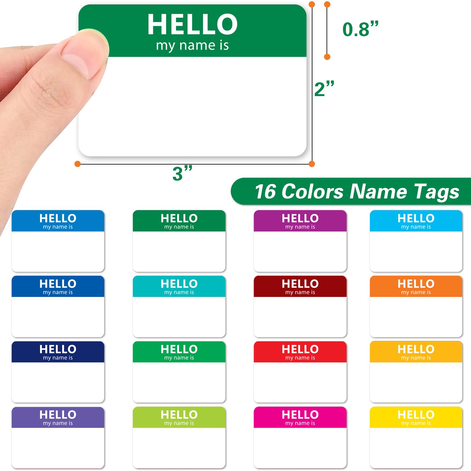 400 Pcs Name Tags Colorful Sticker-16 Colors (3"x2") Hello My Name is Peel & Stick Identification Badges for School, Office, Conferences & Family Parties.