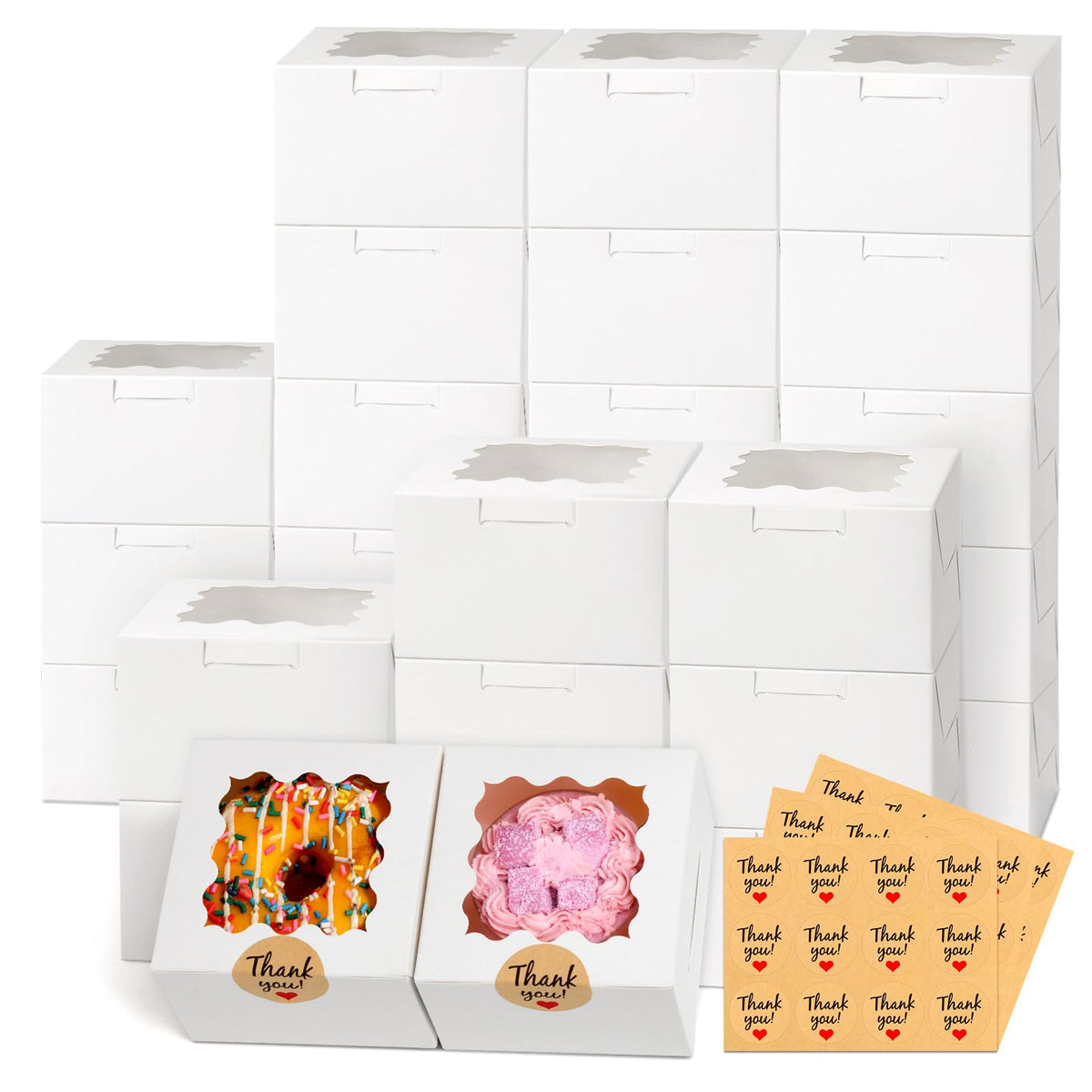 ZYFOTZUN 26pcs White Cookie Boxes with Window, 4x4x2.5 Inches Small Bakery Boxes with 36pcs Stickers, for Mini Cake Cookies Treat Dessert Pastry Donuts Macaroon Strawberries Chocolate Cupcakes Candy