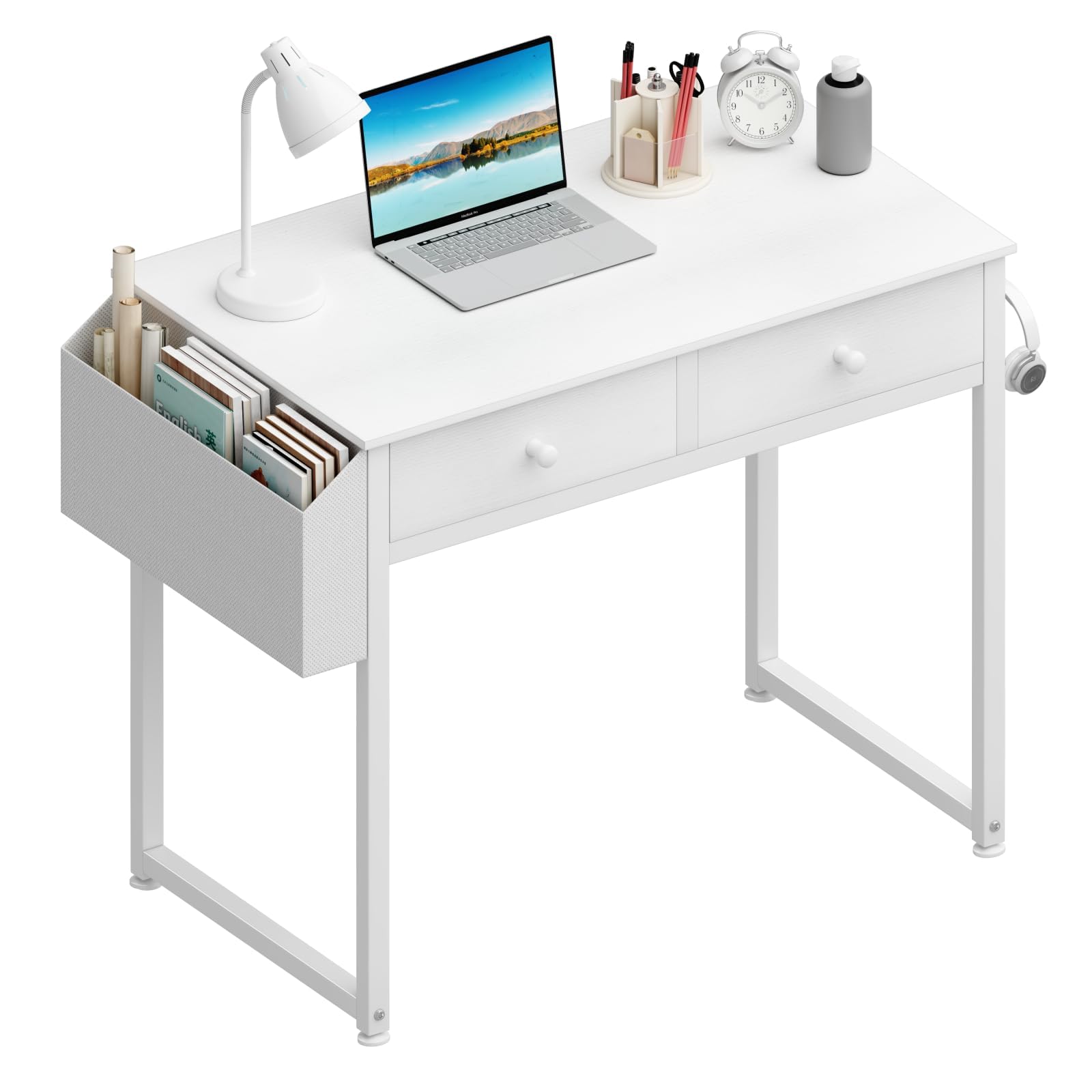 Lufeiya Kleiner weißer Schreibtisch mit Schubladen – für Schlafzimmer, 81 cm Home-Office-Computertisch mit Stoffschublade und Tasche, Lern-Schreibtisch für kleine Räume, Weiß