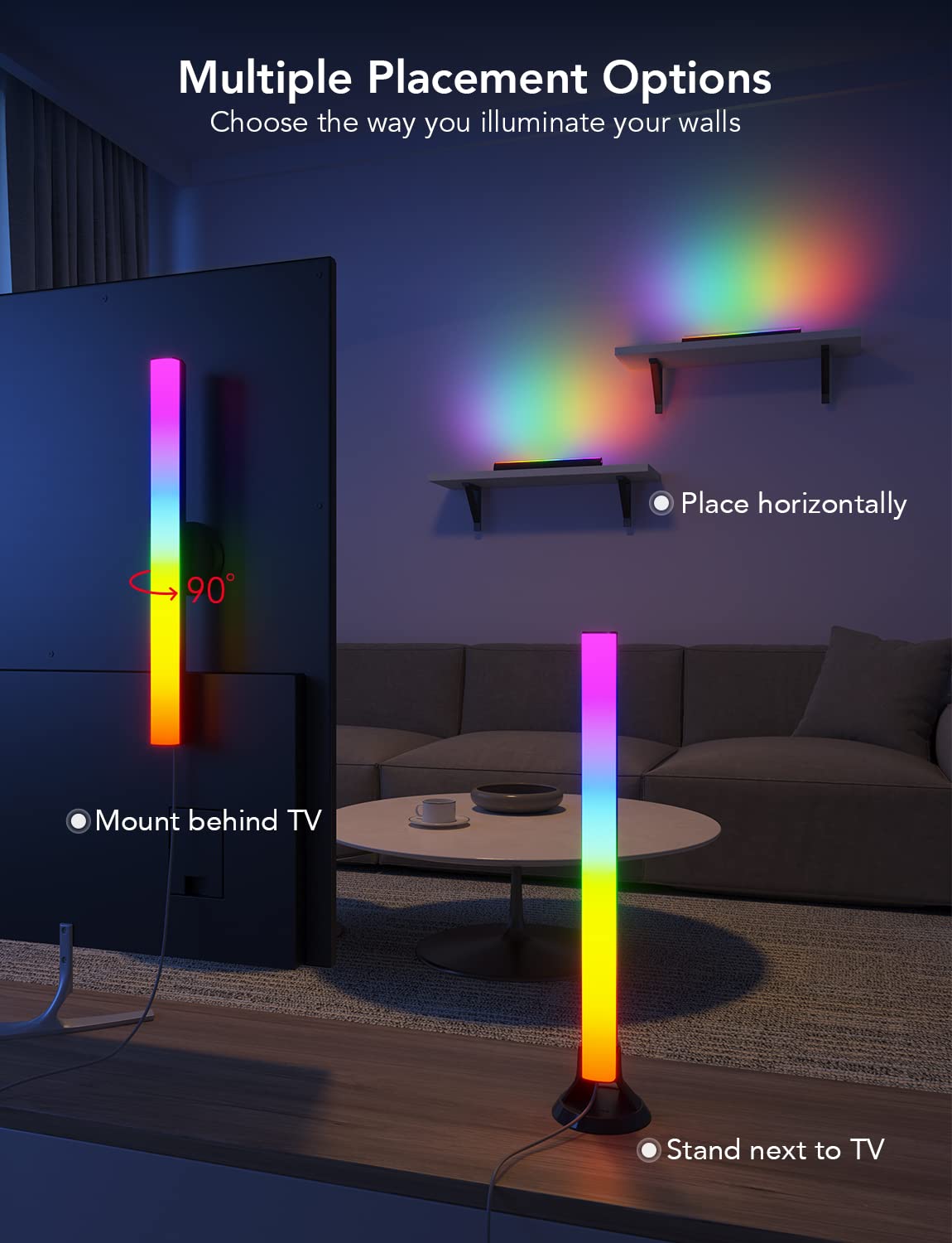 Govee RGBIC Light Bars, 15 Inches WiFi TV Backlight Suitable for 45-70 inch TVs, Smart Light Bars with Multiple Placement Options, Work with Alexa and Google Assistant, Black
