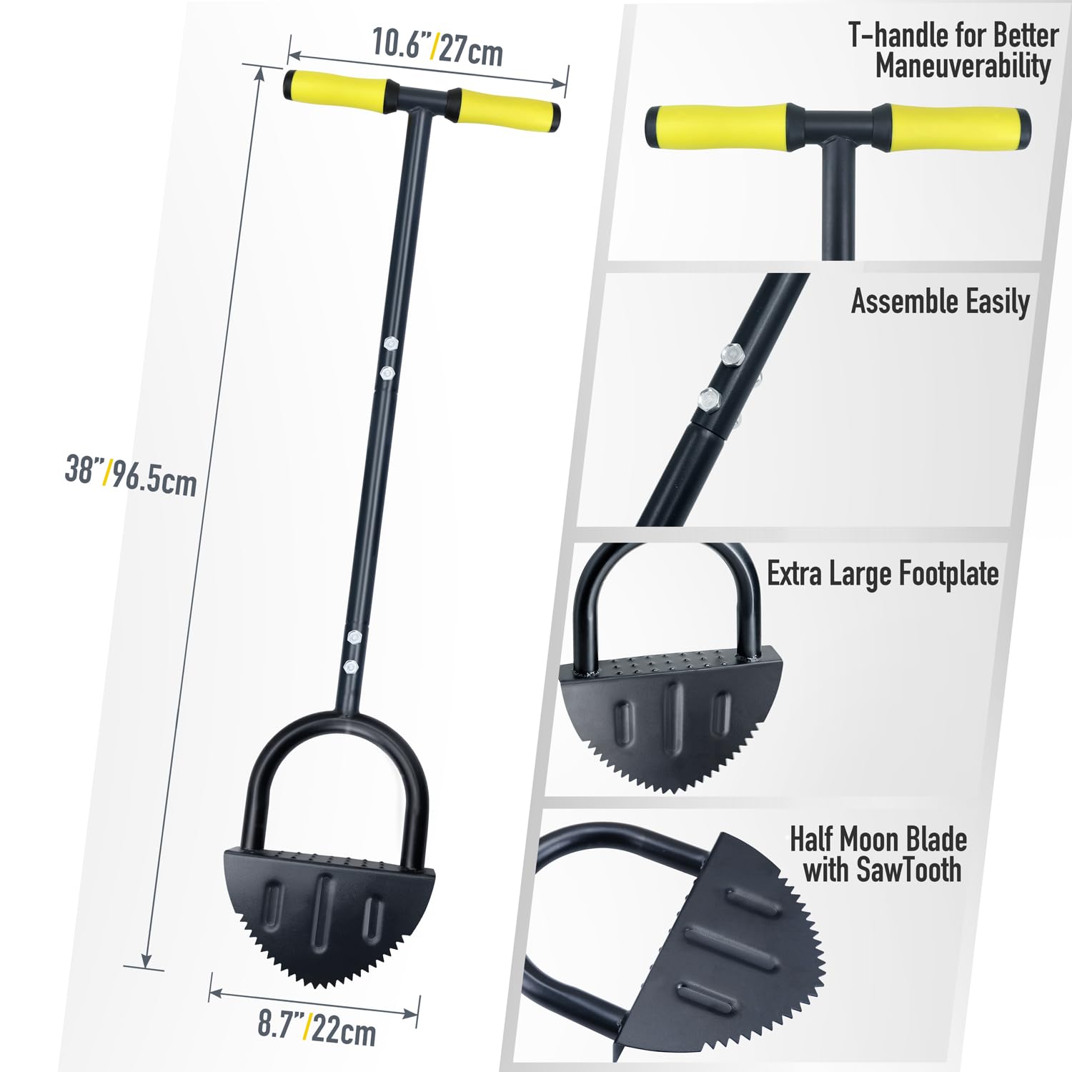 Colwelt Saw-Tooth Edger Lawn Tool, Half Moon Lawn Edger with T-Grip, Sidewalk Grass Long Handled Step Edger, 38-Inch