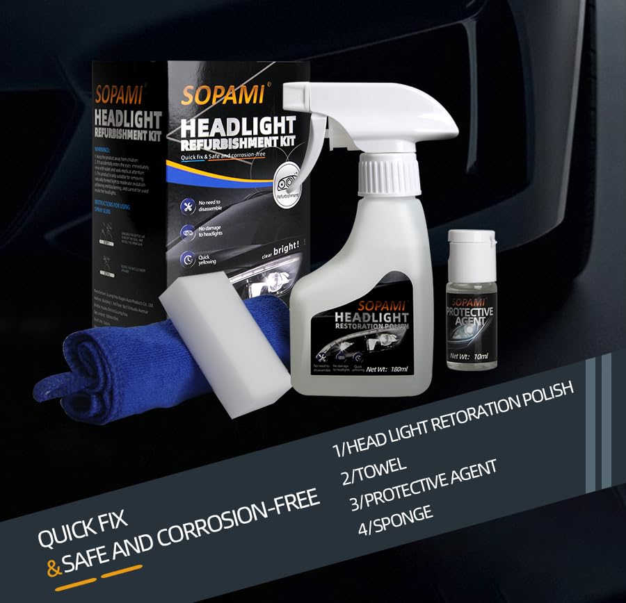 SOPAMI Automotive Headlight Restoration Kit Oxidized and Yellowed Automotive Headlamps Blurring Enhanced Crystallization Coating Refurbisher,Maximum Gloss & Shine – Extremely Hydrophobic