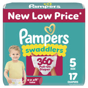 Pampers Diapers - Swaddlers 360 degrees - Size 5, 17 Count, up to 100% Leakproof Comfy Dry Fit, Designed for Easy Changes, Pull On Baby Diaper