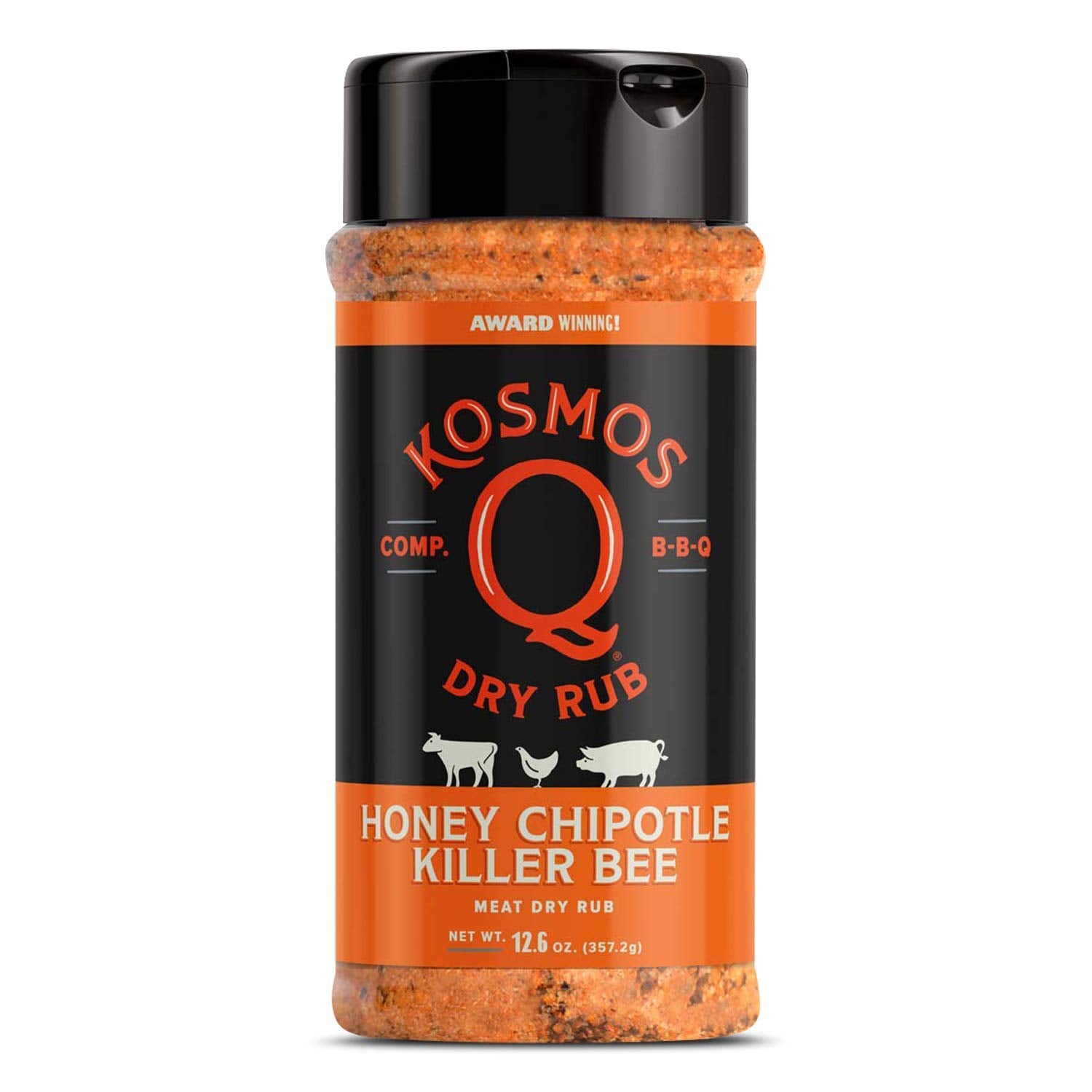 Kosmos Q Honey Chipotle Killer Bee BBQ Dry Rub, Sweet and Spicy Seasoning with Sugar, Chipotle, Garlic & Paprika for Ribs, Pulled Pork, Chicken, Dry Rub For Smoking & Grilling, 12.6 Oz Shaker Bottle