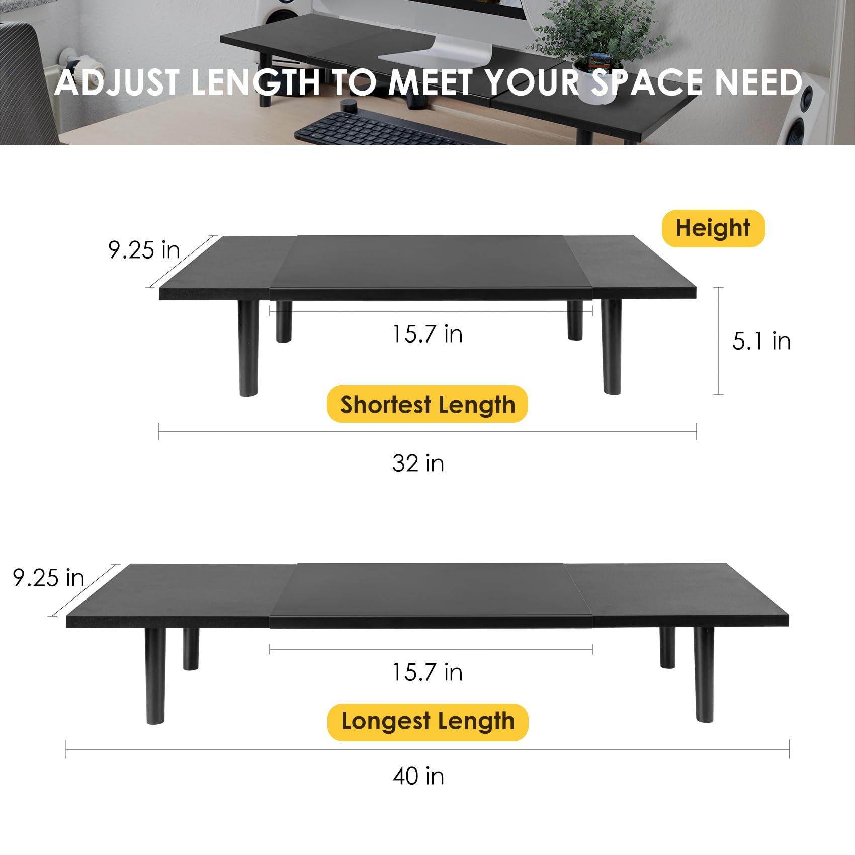 Across-Star Dual-Monitor-Stand-Riser-For-Desk Adjustable Length 32-40 Inch，Large Desktop Computer Monitor Riser For 2 Screens，Desk Shelf Organizer Riser Stand For Computer/Laptop/PC/Printer/TV Black